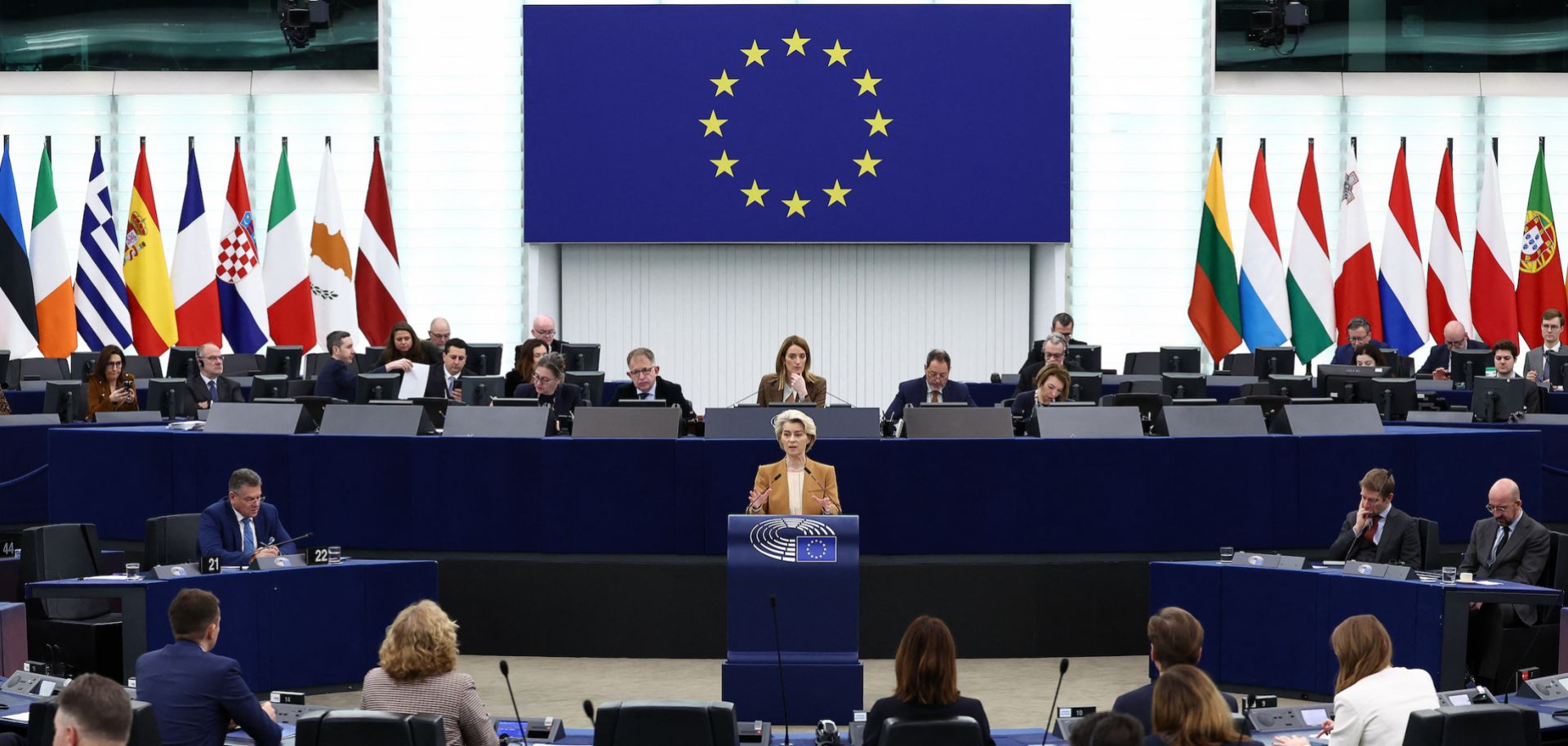 European Commission President Ursula von der Leyen speaks during a plenary session at the European Parliament in Strasbourg, eastern France, on Feb. 6, 2024. 