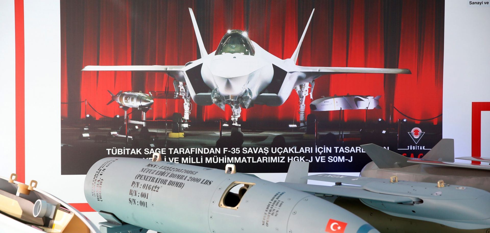 A picture showing Turkish weapons designed for the U.S.-built F-35 fighter jet are displayed in Ankara, Turkey, on Oct. 31, 2018.