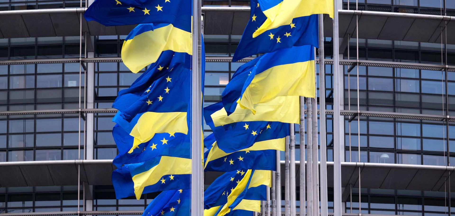 European Union's and Ukrainian flags outside the European Parliament