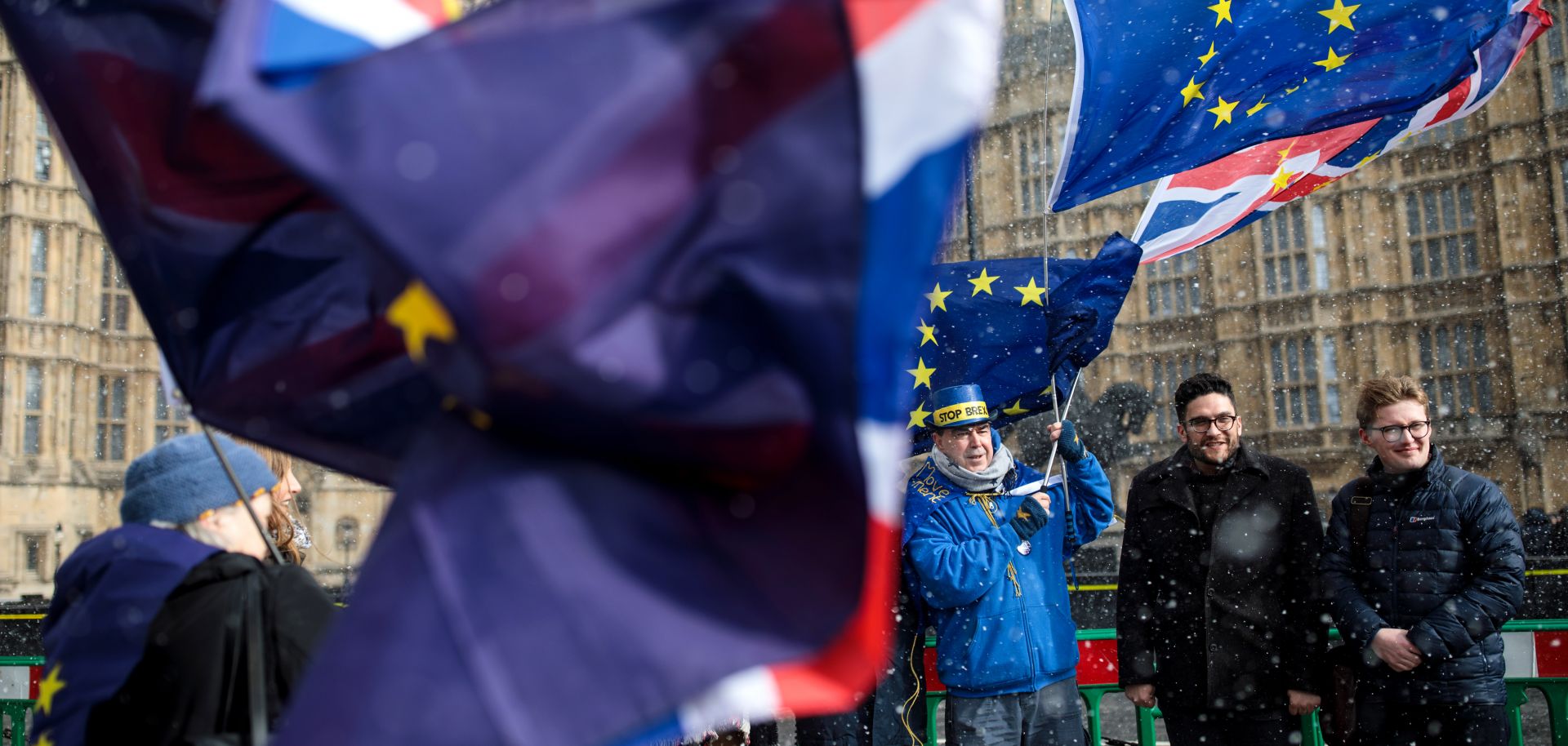 Demonstrators protest the United Kingdom's withdrawal from the European Union in front of the British Parliament building on Feb. 26, 2018.