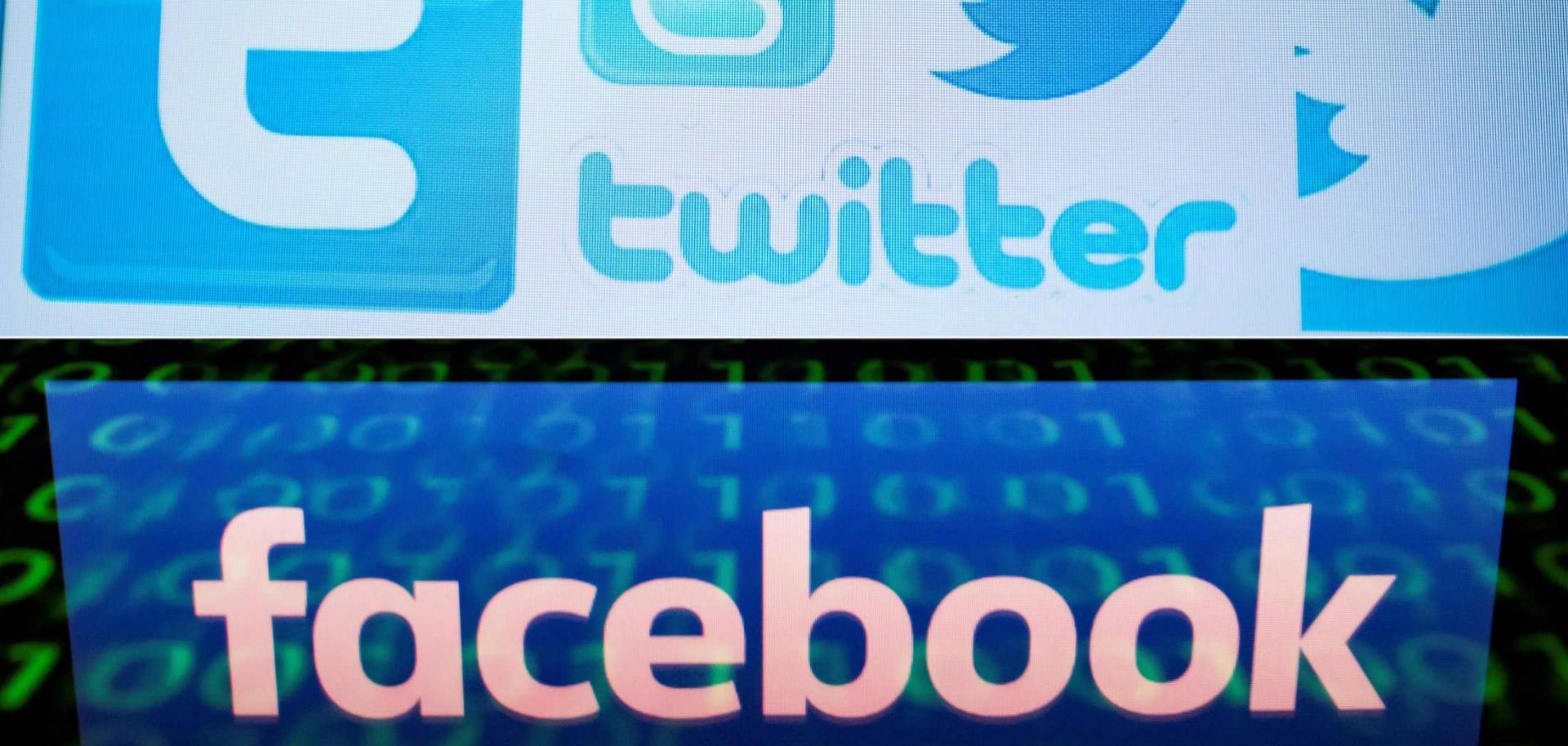 A photo illustration displays Twitter and Facebook’s logos on a computer screen.