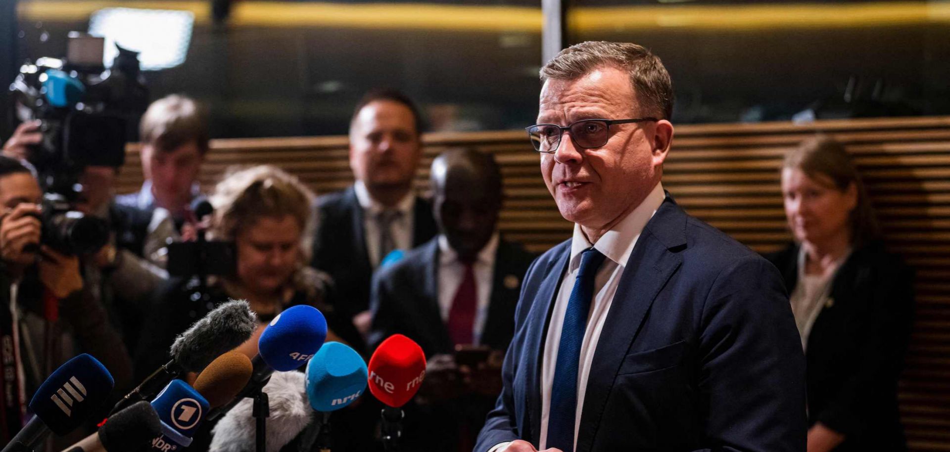 Petteri Orpo, the leader of Finland’s National Coalition party, speaks to the media in Helsinki following parliamentary elections on April 2, 2023. 