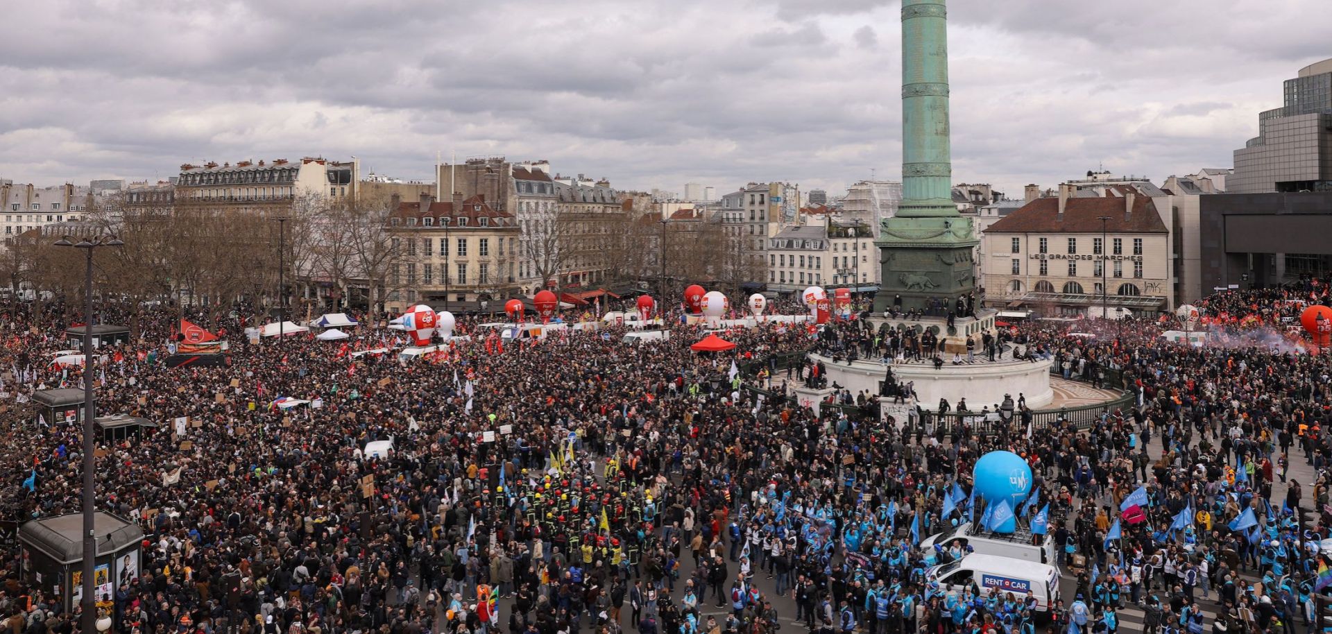Protesters gather on Place de la Bastille in Paris, France, on March 23, 2023, to attend a demonstration a week after the government pushed a pension reform through Parliament without a vote.