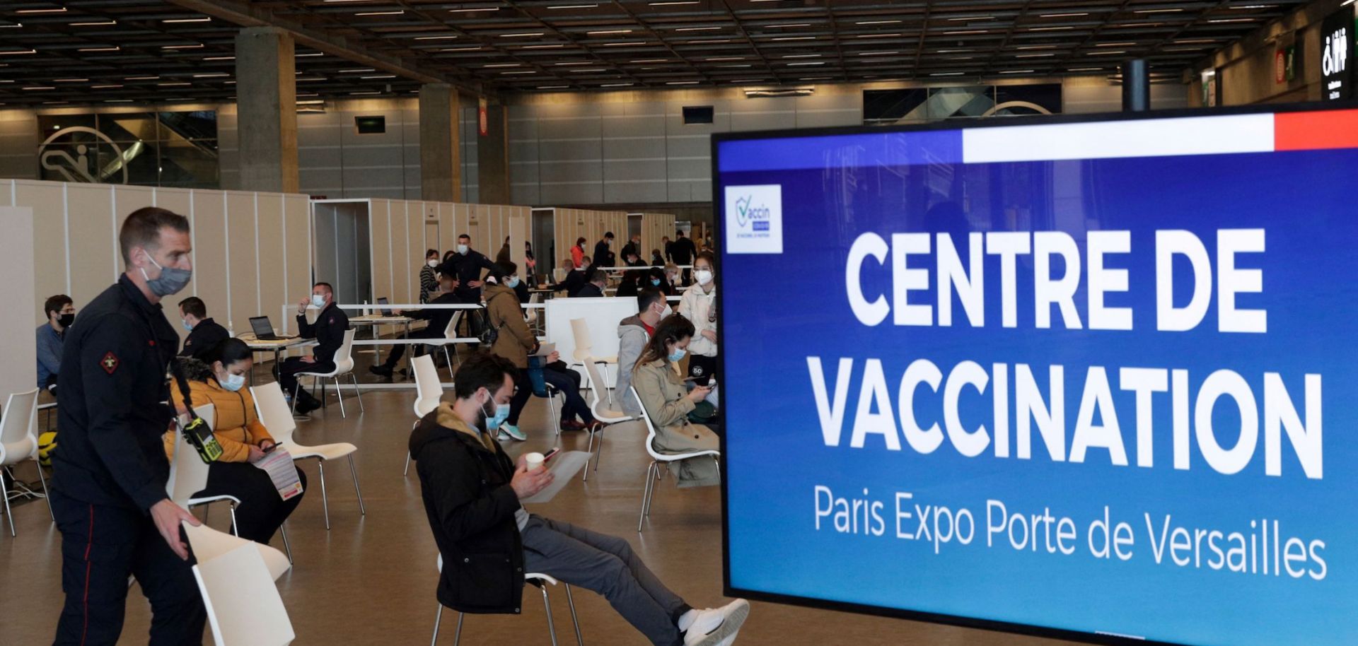 People wait to be vaccinated at the COVID-19 vaccination center May 15, 2021, at the Porte de Versailles in Paris.