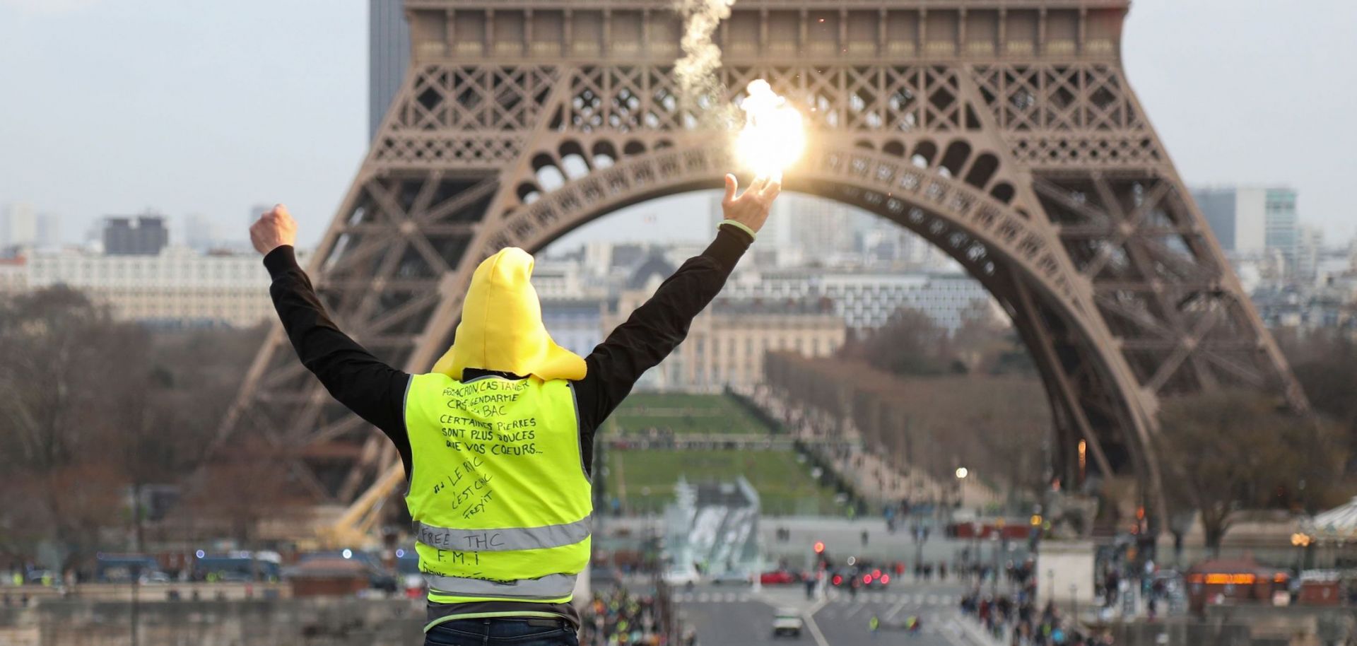 A yellow vest protester at the Eiffel Tower on Feb. 9, 2019, in Paris.