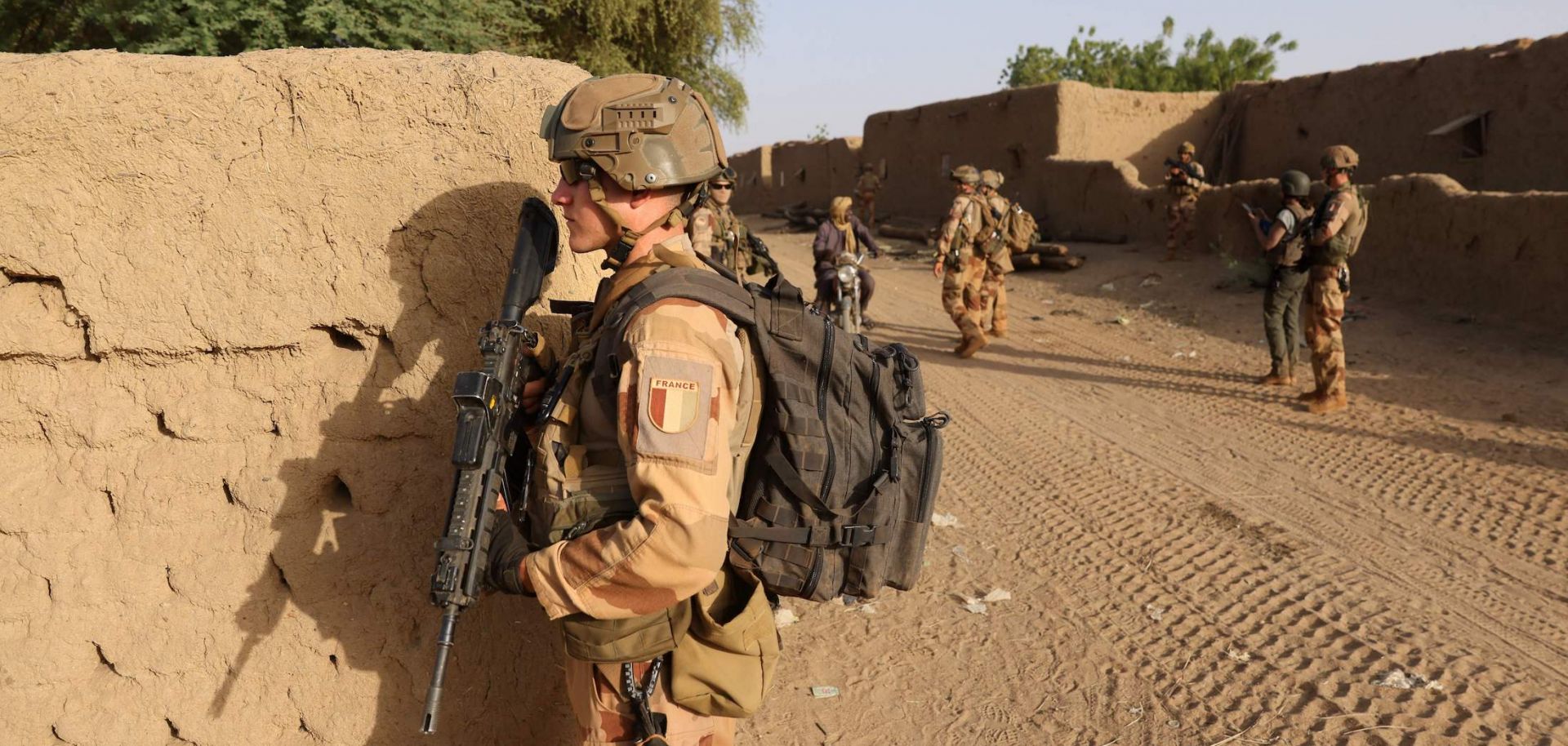 French soldiers patrol the streets in a village located in Mali’s Gao region on Dec. 4, 2021. 