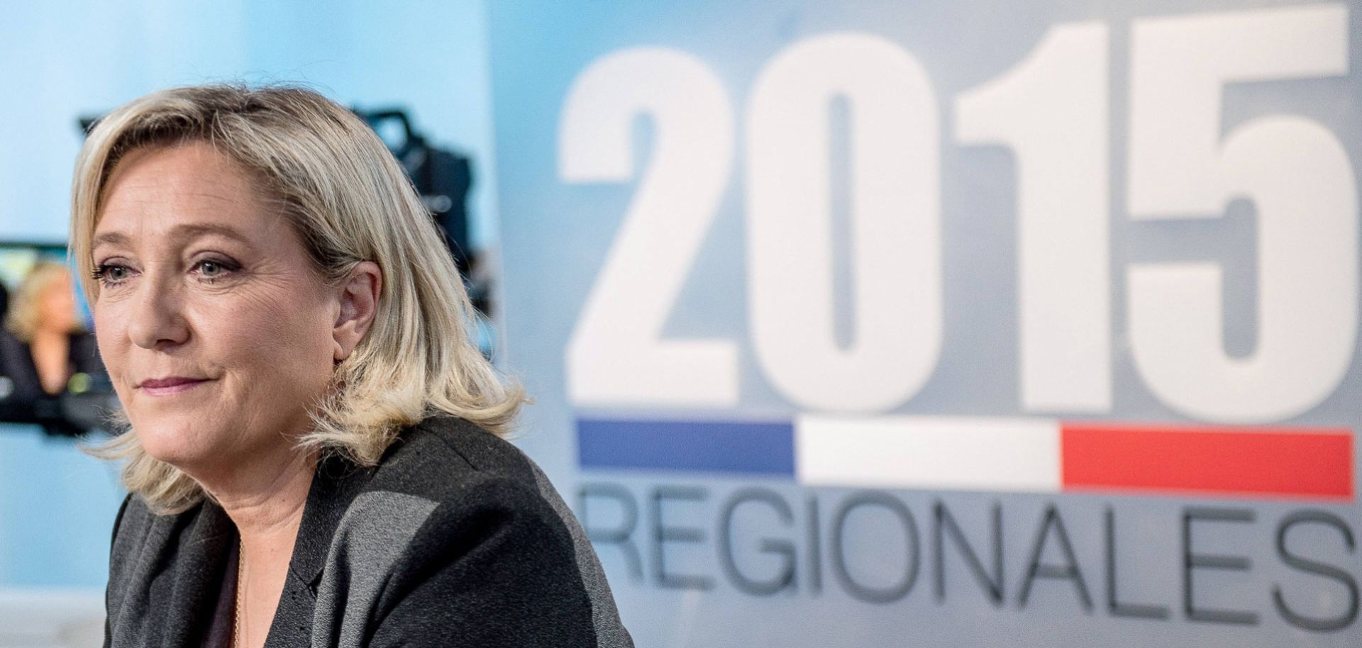 Marine Le Pen, president of France's growingly popular National Front party, on Dec. 3 awaits the beginning of a debate with other candidates running in regional elections for Nord-Pas-de-Calais-Picardie.