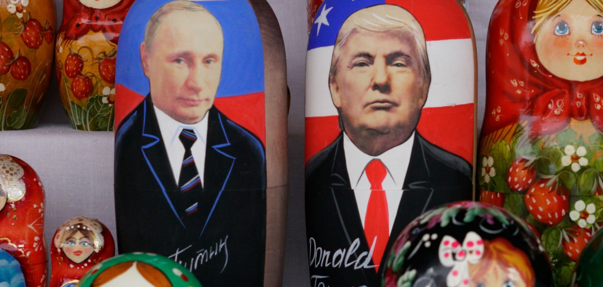 Russian matryoshka, or nesting, dolls depict Russian President Vladimir Putin and U.S. President Donald Trump.