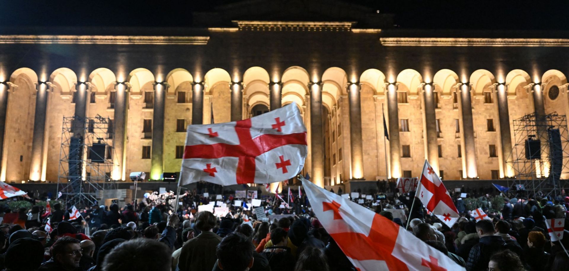 Georgian opposition supporters gather outside the parliament in Tbilisi on March 9, 2023, ahead of a vote on the ruling party's controversial ''foreign agent'' bill. 