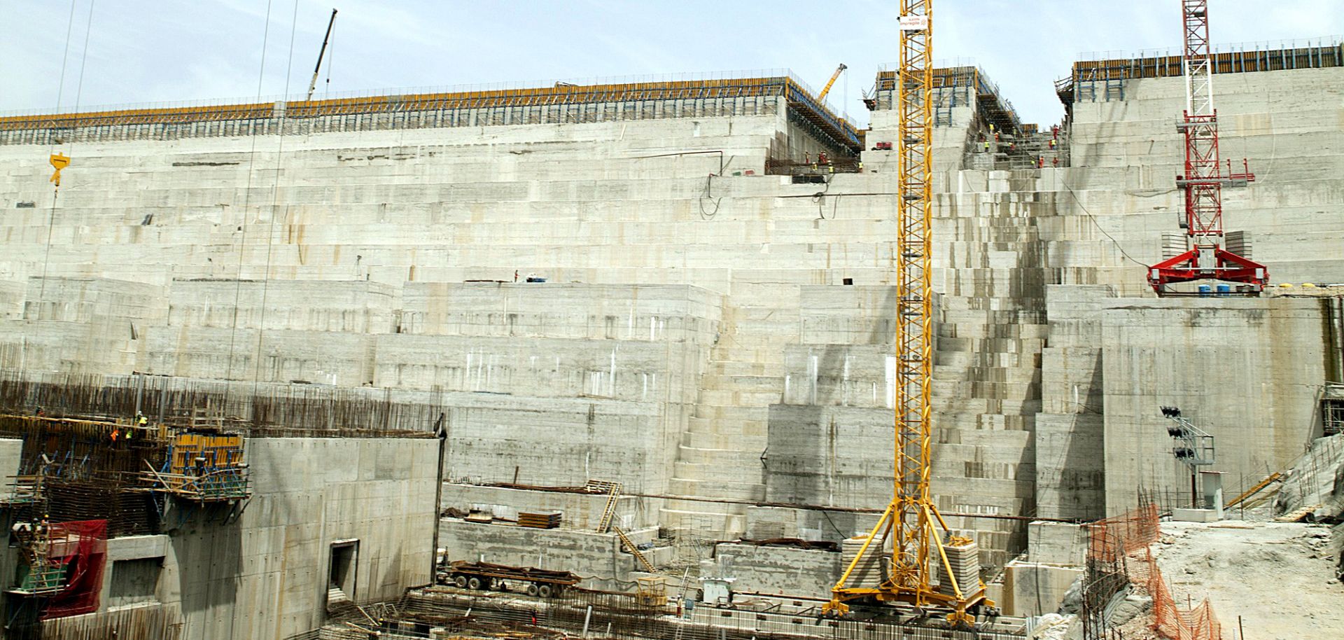 This photograph shows the Grand Ethiopian Renaissance Dam in 2015. The hydroelectric project near the Sudanese-Ethiopian border is nearing completion.