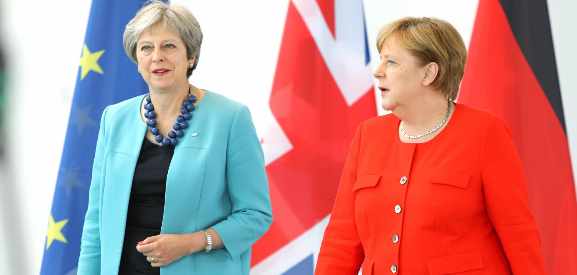 British Prime Minister Theresa May (left) and German Chancellor Angela Merkel meet for Brexit talks in Berlin during July 2018.