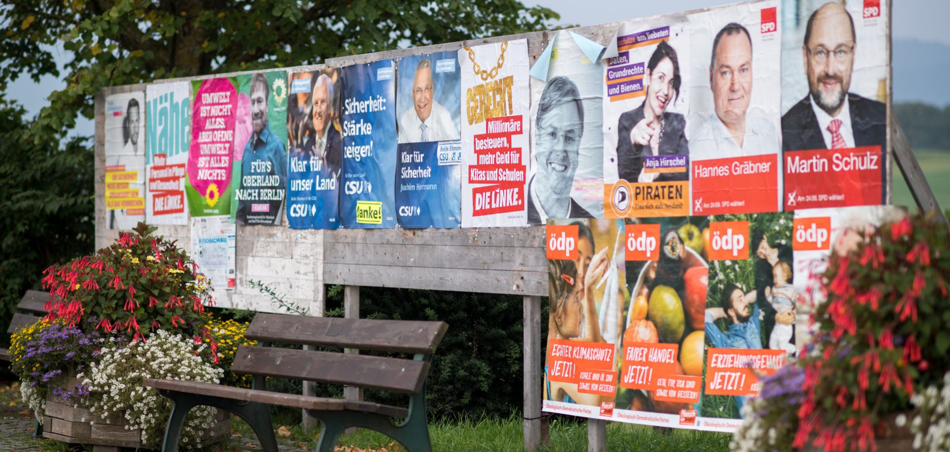 Campaign placards for various parties are seen during German federal elections on Sept. 24, 2017 near Bayrischzell, Germany. Chancellor Angela Merkel's conservative Christian Democratic Union (CDU) won the largest portion of the vote, while another five parties received enough support to gain seats in parliament. With so many voices earning a say, the negotiations could take weeks if not months.