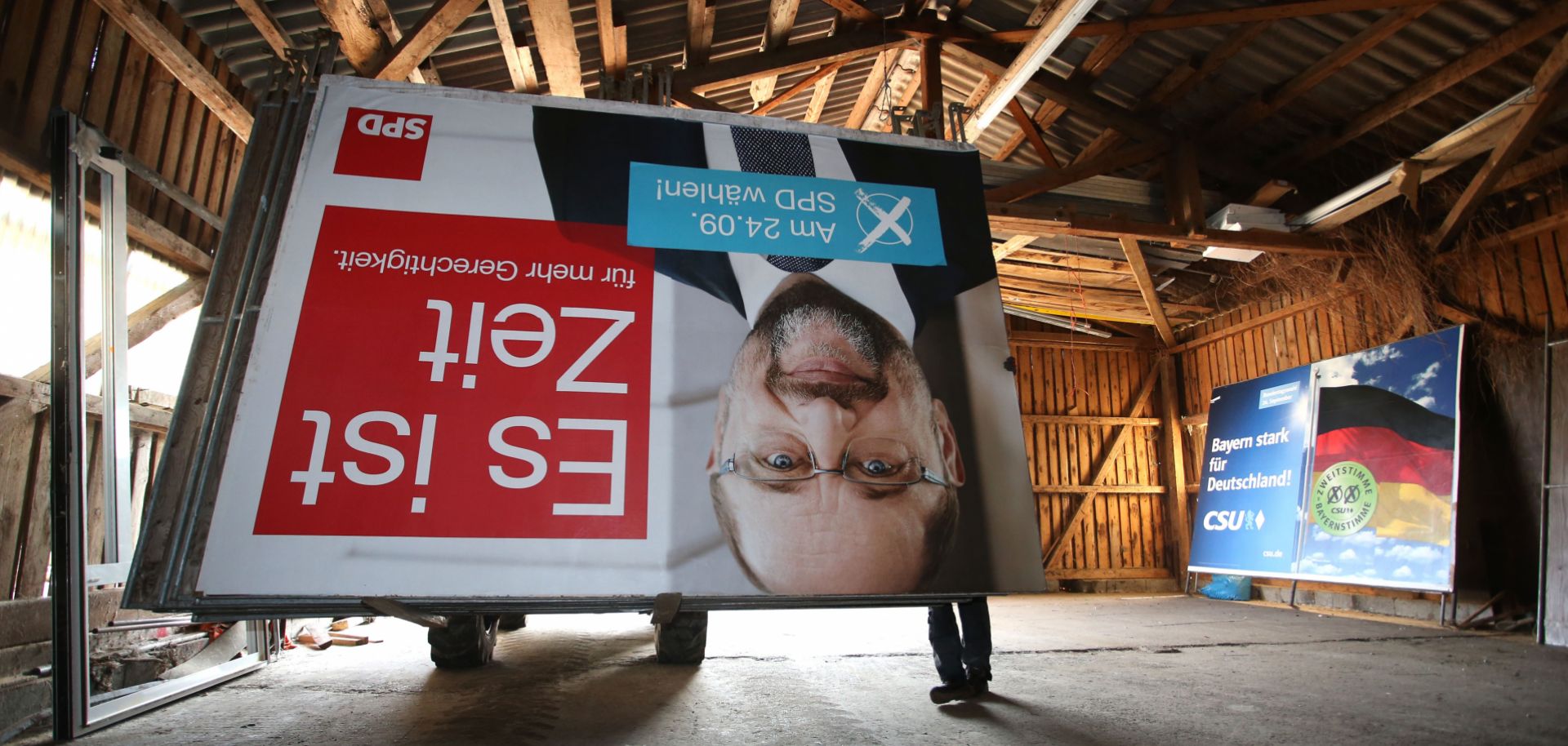 A disassembled election billboard of Martin Schulz, leader of Germany's Social Democratic Party. The SPD won only 20 percent of the vote in Germany's Sept. 24 federal elections.
