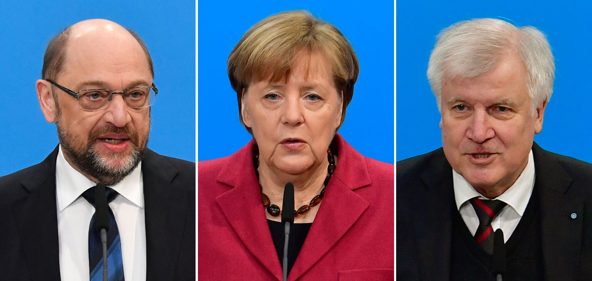 Germany's Social Democratic Party leader Martin Schulz, left; Chancellor Angela Merkel, who leads the conservative Christian Democratic Union; and Horst Seehofer, leader of the CDU's sister party, the Christian Social Union.