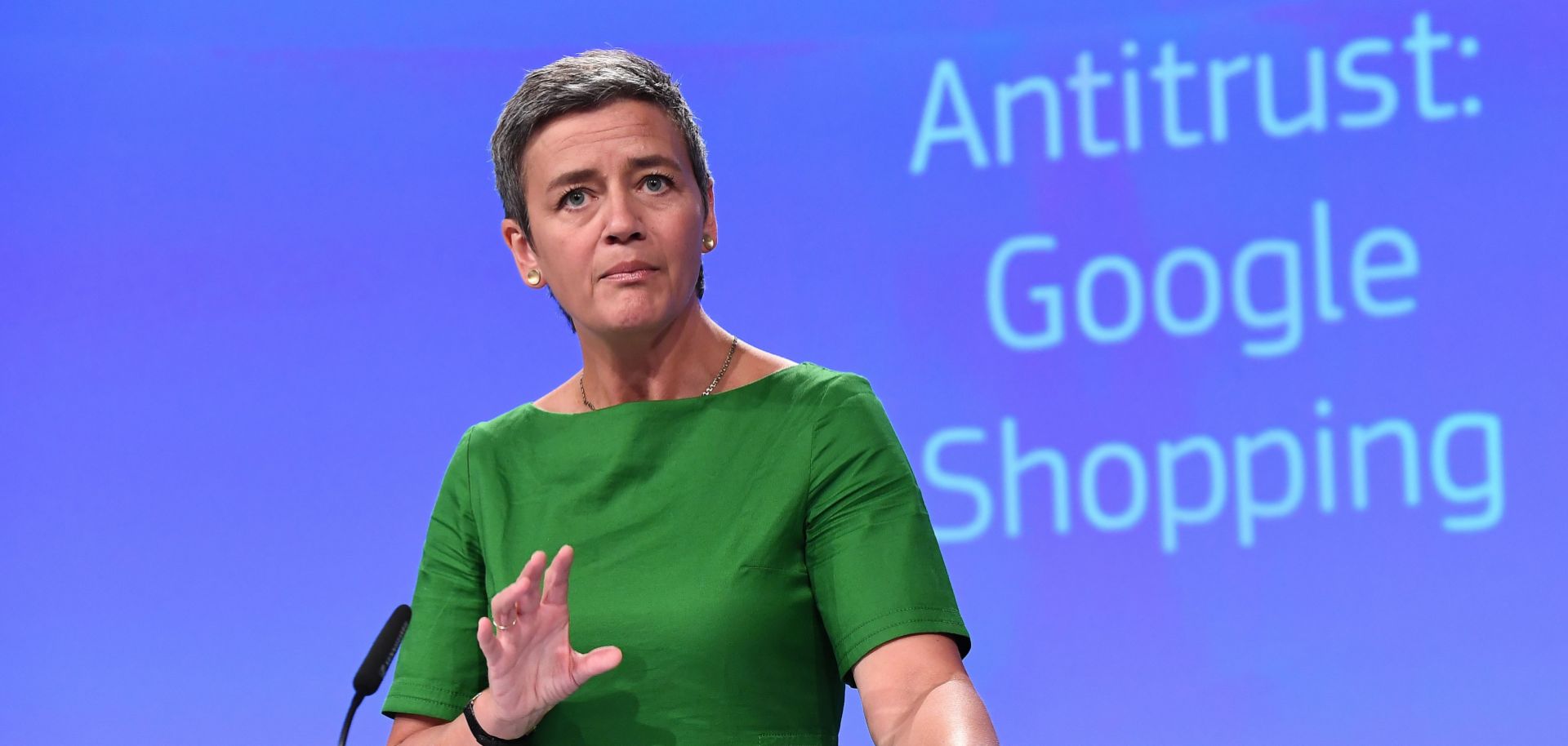European Commissioner for Competition Margrethe Vestager gives a press conference explaining the commission's antitrust case against Google. 