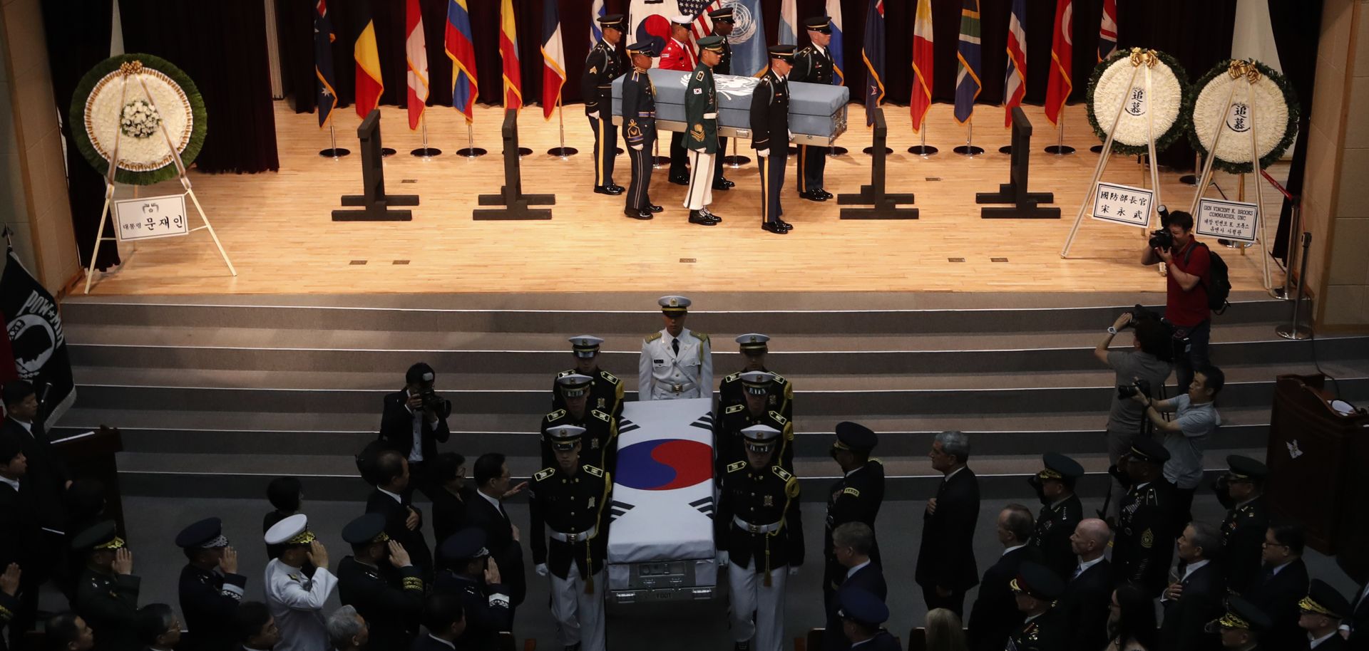 The United States, United Nations and South Korea hold a repatriation ceremony on July 13, 2018, in Seoul to return home the remains of an unidentified soldier, presumably American, and a South Korean soldier killed during the 1950-53 Korean War.
