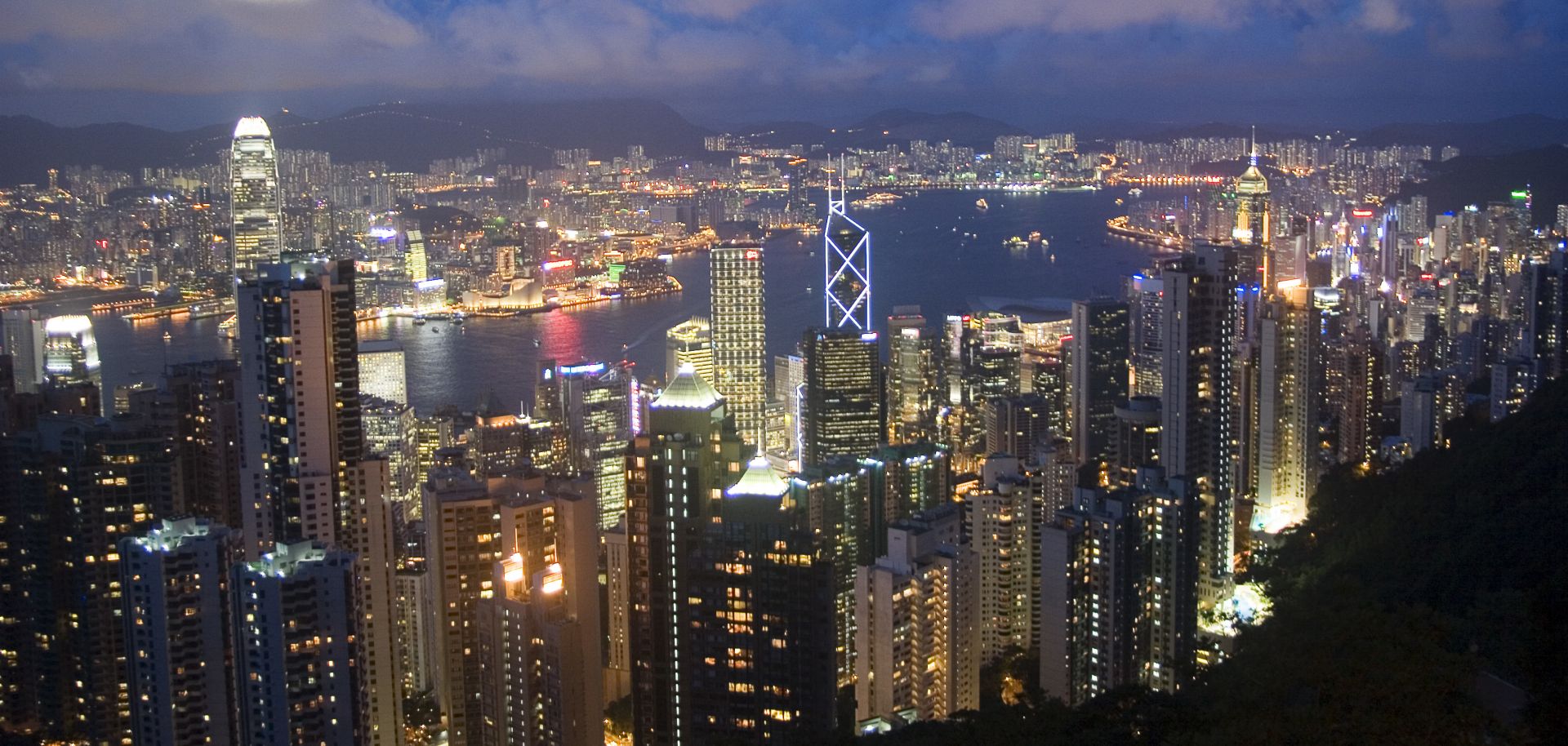 An evening view of the western half of Hong Kong.