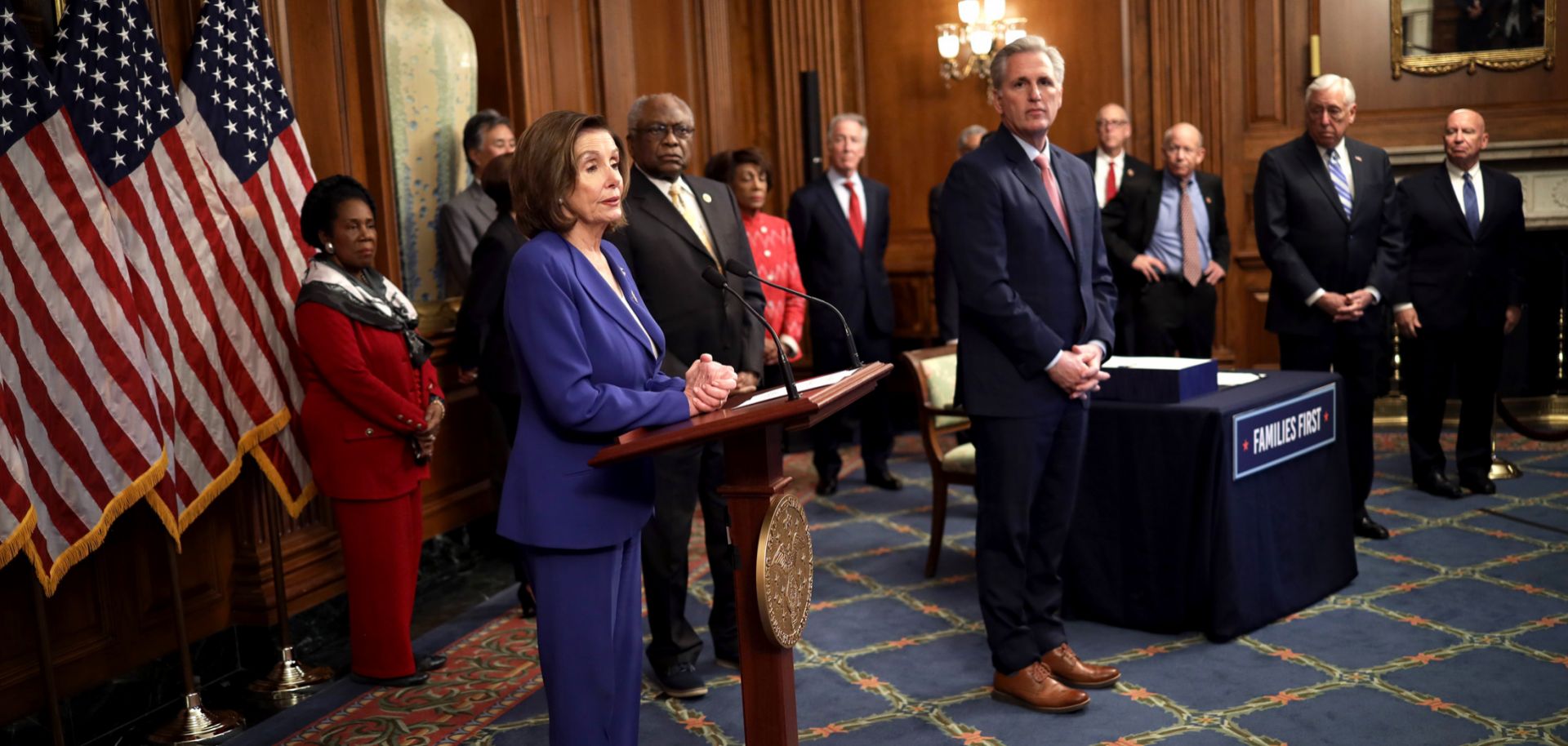 Speaker of the House Nancy Pelosi discusses the stimulus bill known as the CARES Act after the bill was passed at the U.S. Capitol on March 27, 2020.