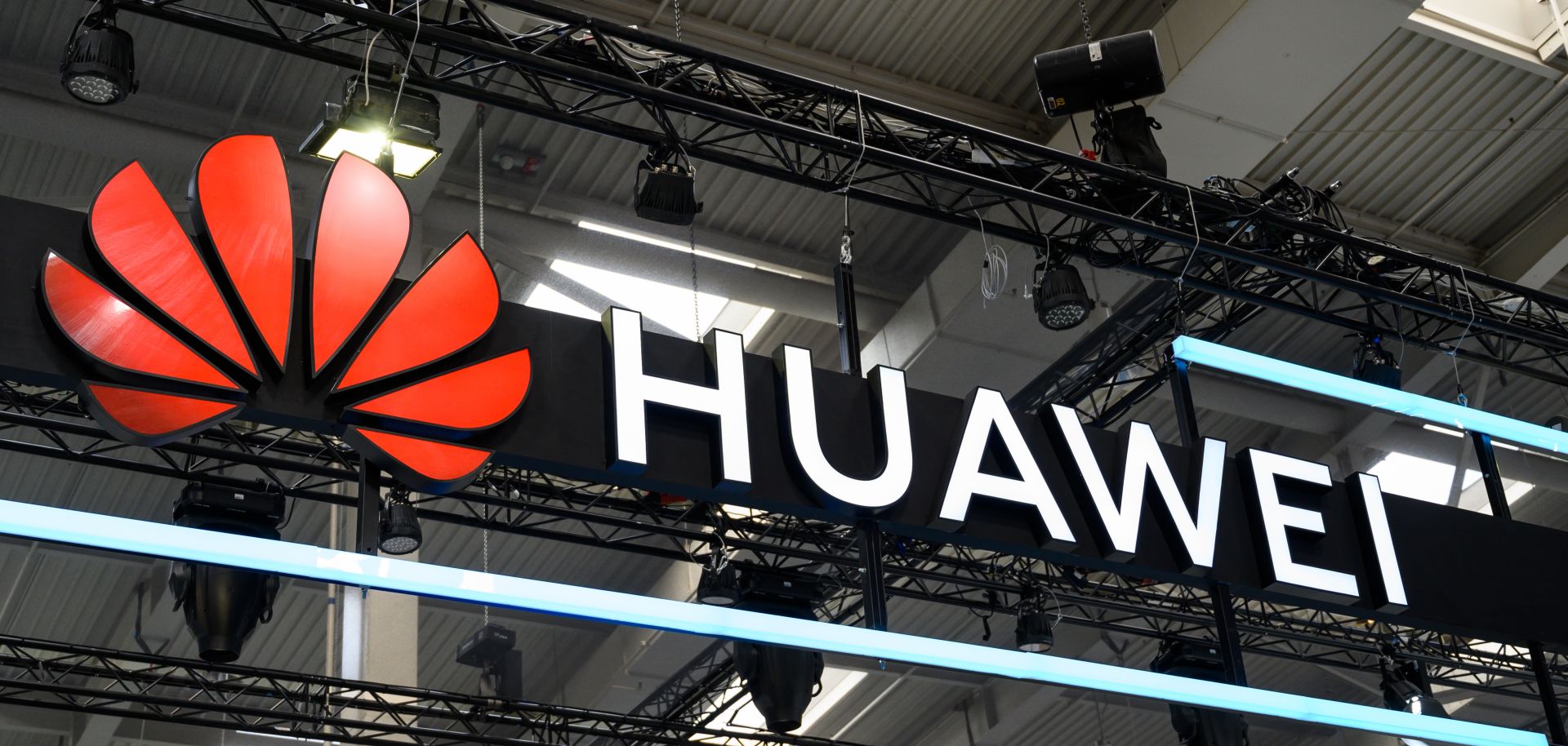The Huawei logo, on display at the annual Hanover industrial fair in Germany, April 1-5, 2019.