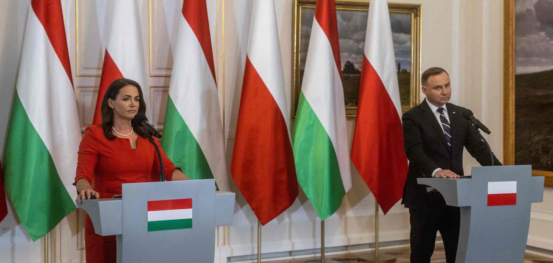 Hungarian President Katalin Novak (L) and Polish President Andrzej Duda on May 17, 2022, in Warsaw, Poland.