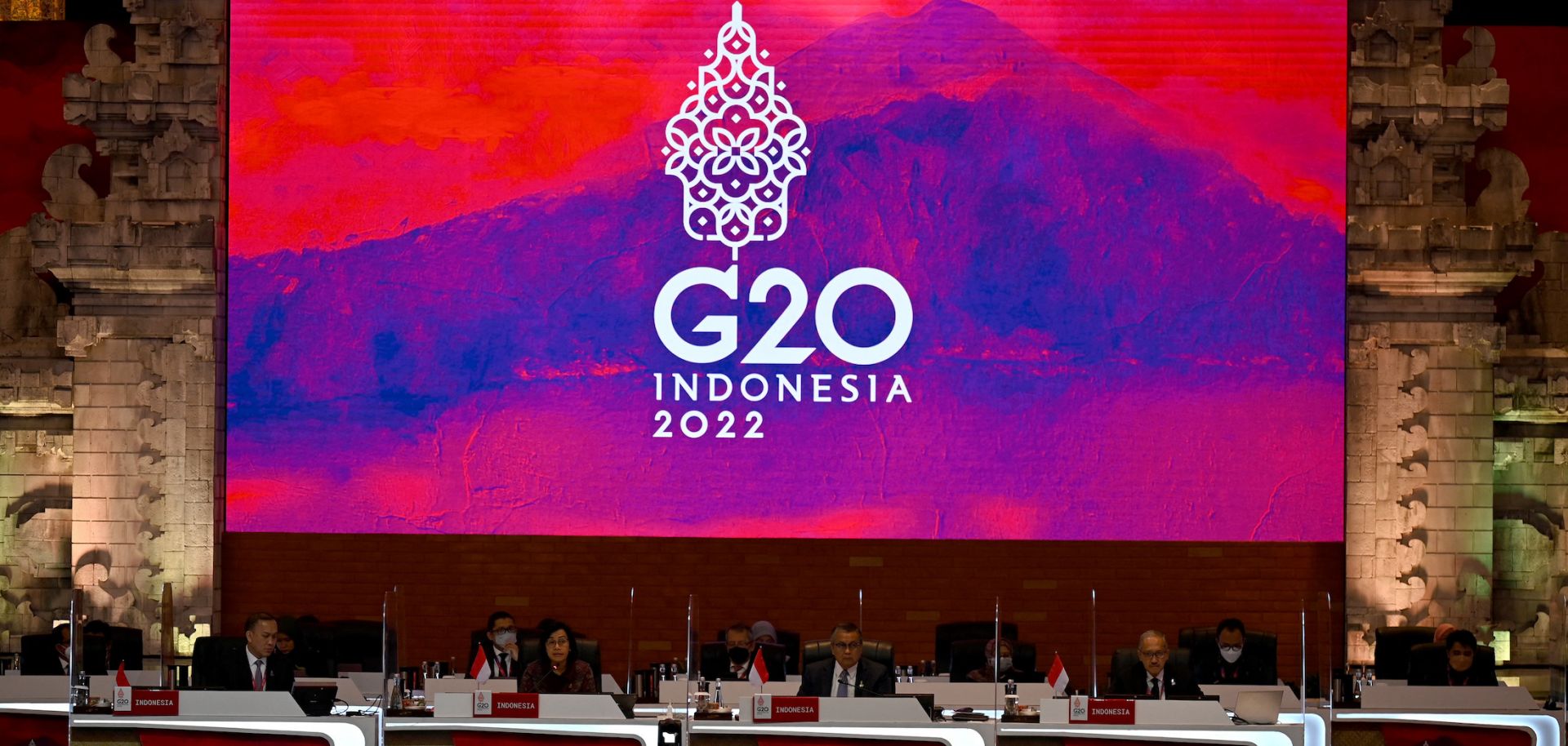 Indonesian Finance Minister Sri Mulyani (2 L) speaks during the G-20 Finance Ministers Meeting on July 15, 2022, in Nusa Dua, Bali, Indonesia.