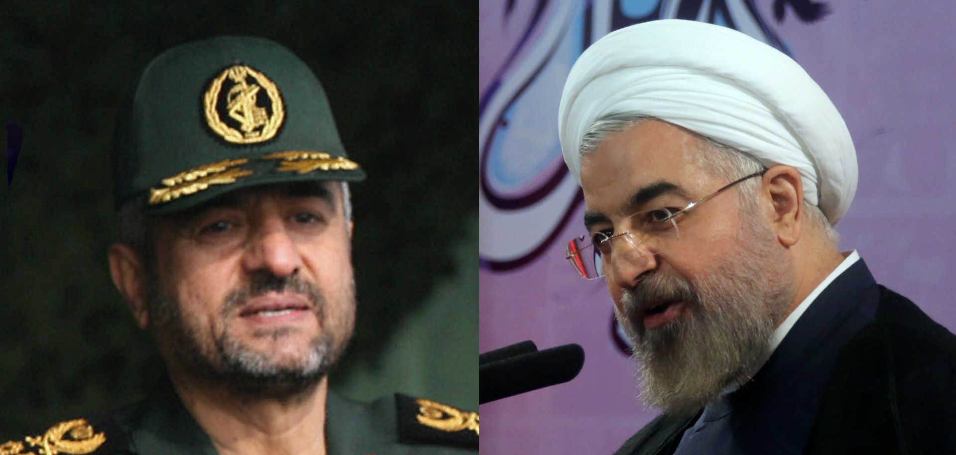 (L) Head of Iran's elite Islamic Revolutionary Guard Corps, Gen. Mohammad Ali Jafari, appears at a gathering in Tehran on Nov. 26, 2007. (R) Iranian President Hassan Rouhani speaks during a press conference in Tehran on June 14, 2014.