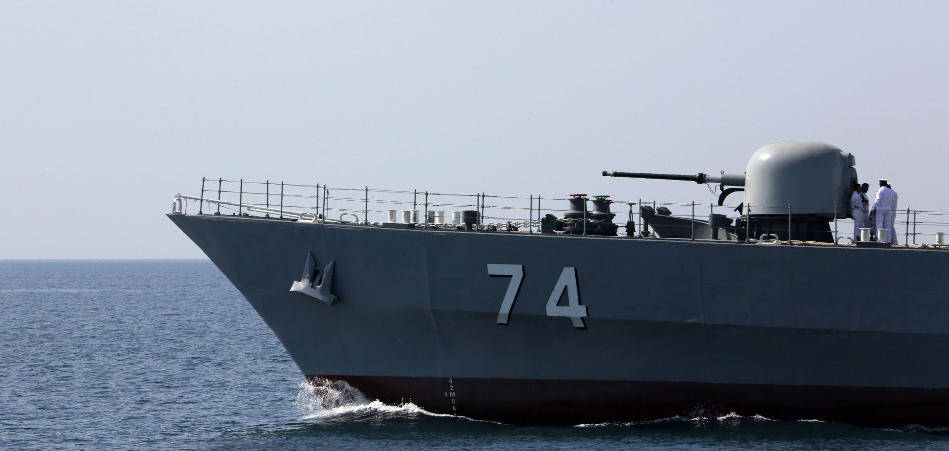 An Iranian warship takes part in celebrations for “National Persian Gulf Day” in the Strait of Hormuz on April 30, 2019.