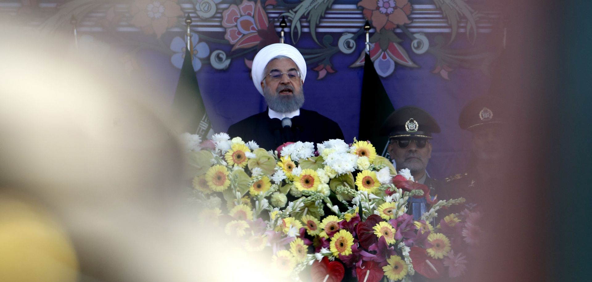Iranian President Hassan Rouhani gives a speech during a parade on Army Day, which celebrates the country's military.