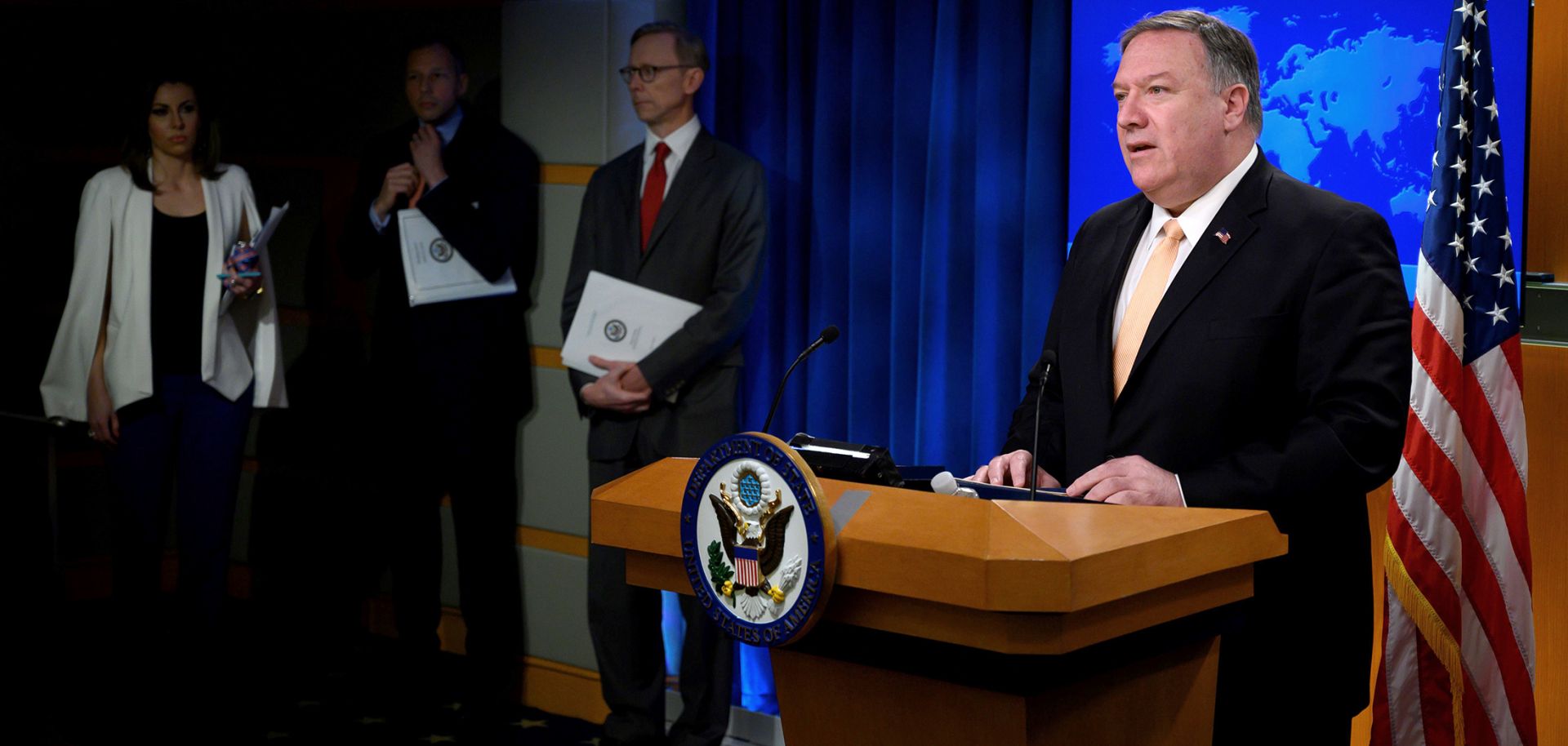 U.S. Secretary of State Mike Pompeo speaks during a press conference at the U.S. Department of State in Washington on April 22, 2019, in which he announced that the United States would no longer grant exemptions to Iran’s oil customers.