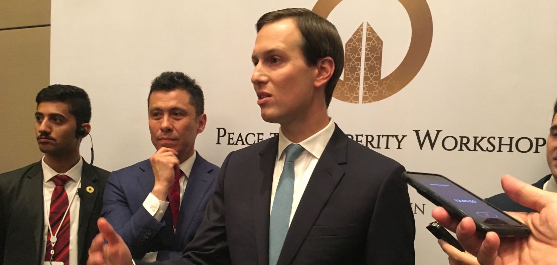Jared Kushner, President Donald Trump's son-in-law and adviser, discusses the U.S.-sponsored Middle East "Peace to Prosperity Workshop" with reporters in the Bahraini capital of Manama on June 26, 2019.