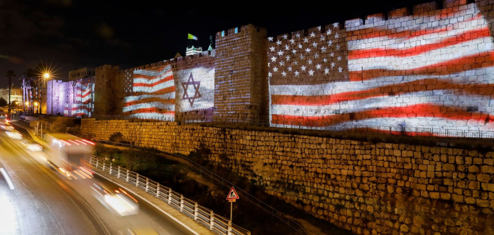 The Israeli and U.S. flags are projected on the walls of Jerusalem's Old City in celebration of the two countries’ close ties on Feb. 11, 2020.