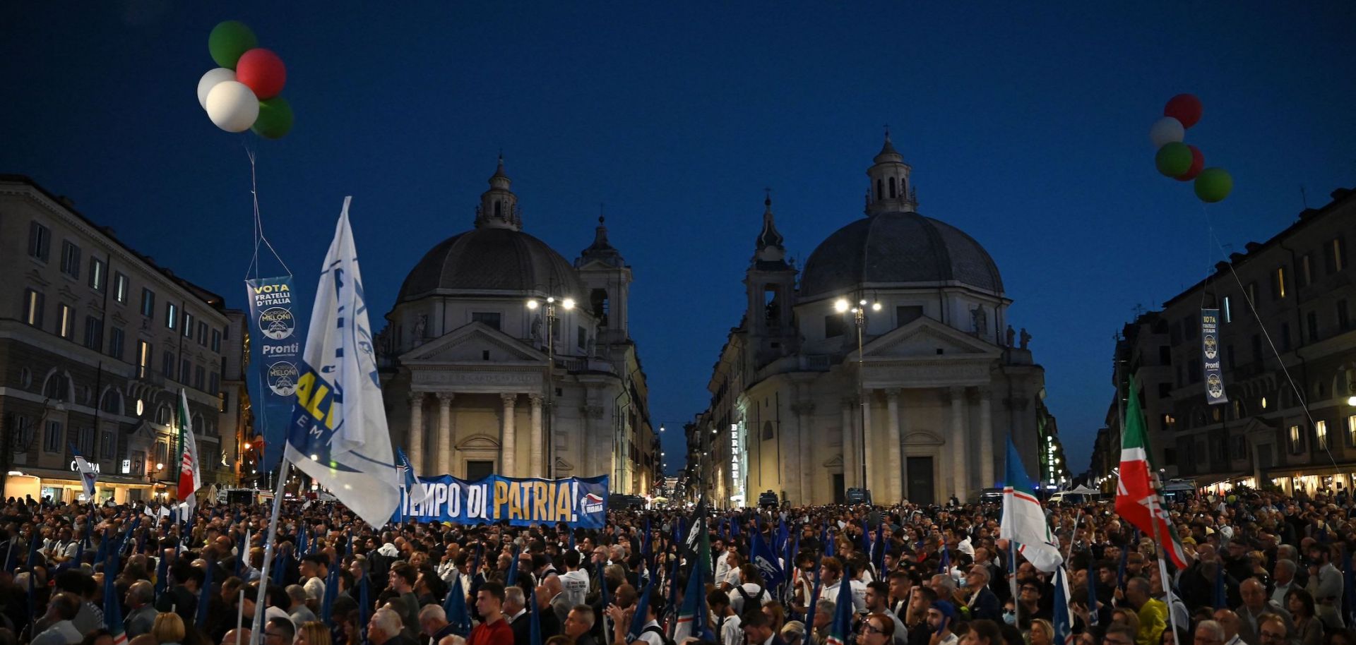 A joint rally of Italy's right-wing parties Brothers of Italy, Lega and Forza Italia takes place at Piazza del Popolo in Rome on Sept. 22, 2022.