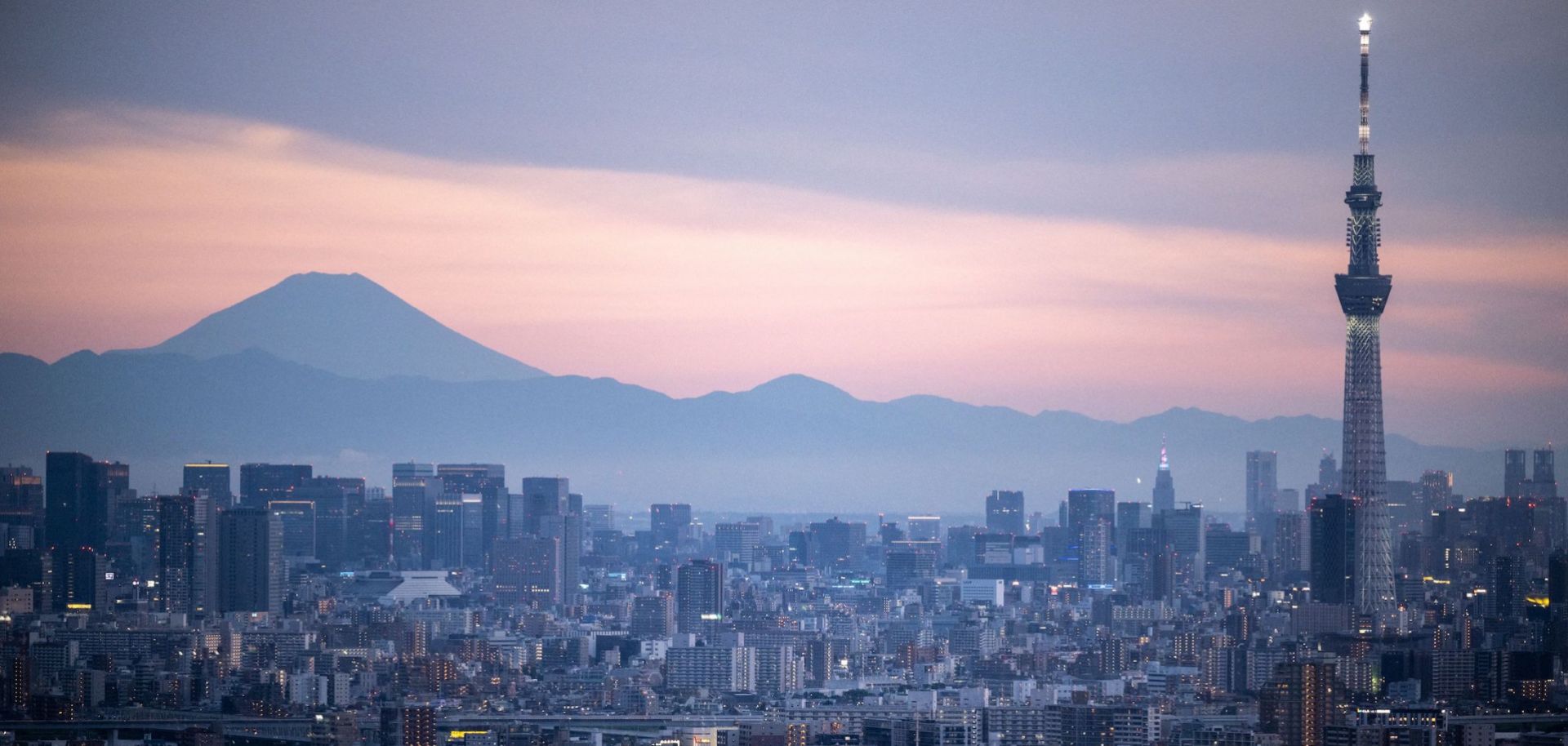 The Tokyo Skytree (right) and Mount Fuji (back left) are seen from the I-Link Town observatory in Ichikawa city, Chiba prefecture, east of Tokyo, Japan, on July 2, 2023.