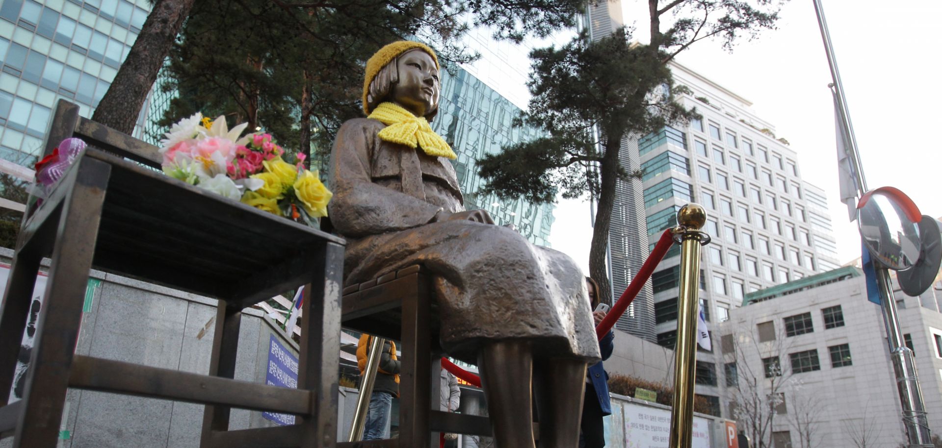 A statue of a girl that commemorates the World War II-era issue of "comfort women" stands outside the Japanese Embassy in Seoul.