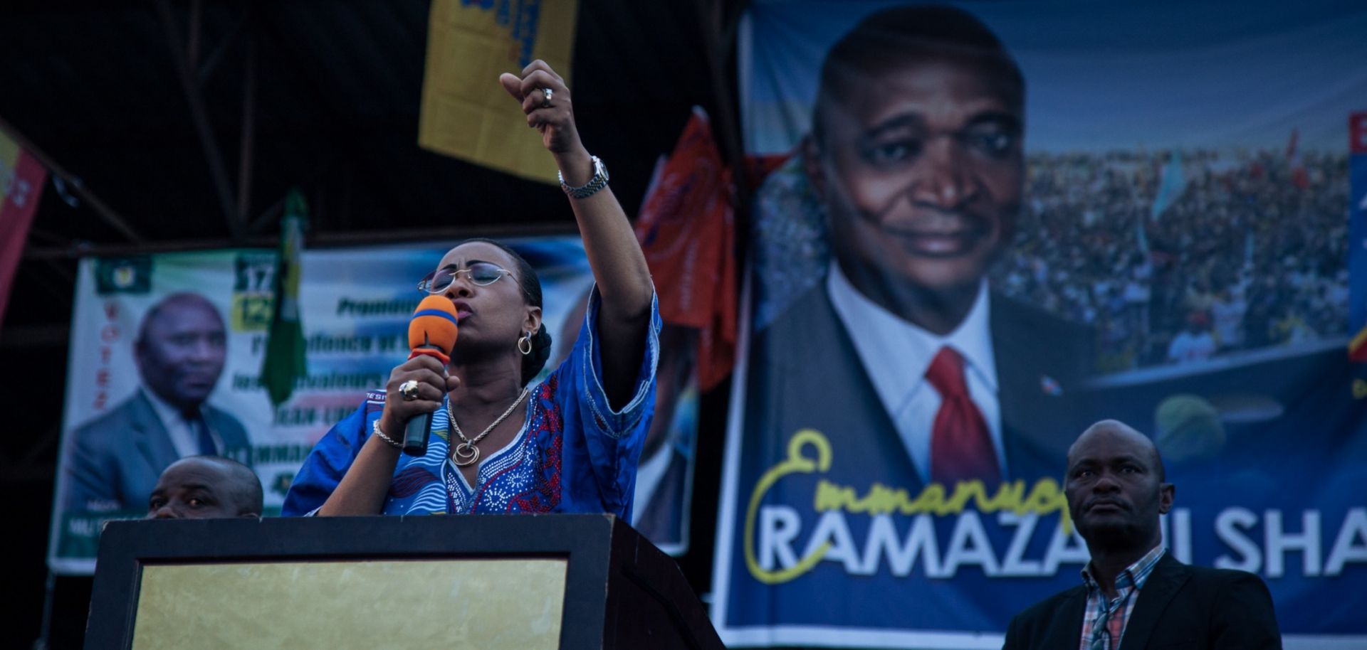 Olive Kabila, the wife of President Joseph Kabila, speaks during an election rally.