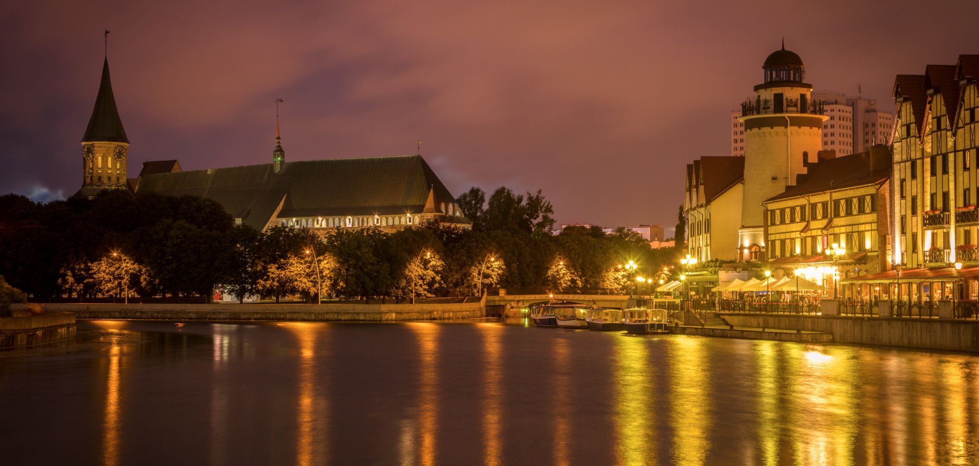 Konigsberg Cathedral and the Pregolya River are seen in this nighttime shot in Kaliningrad.