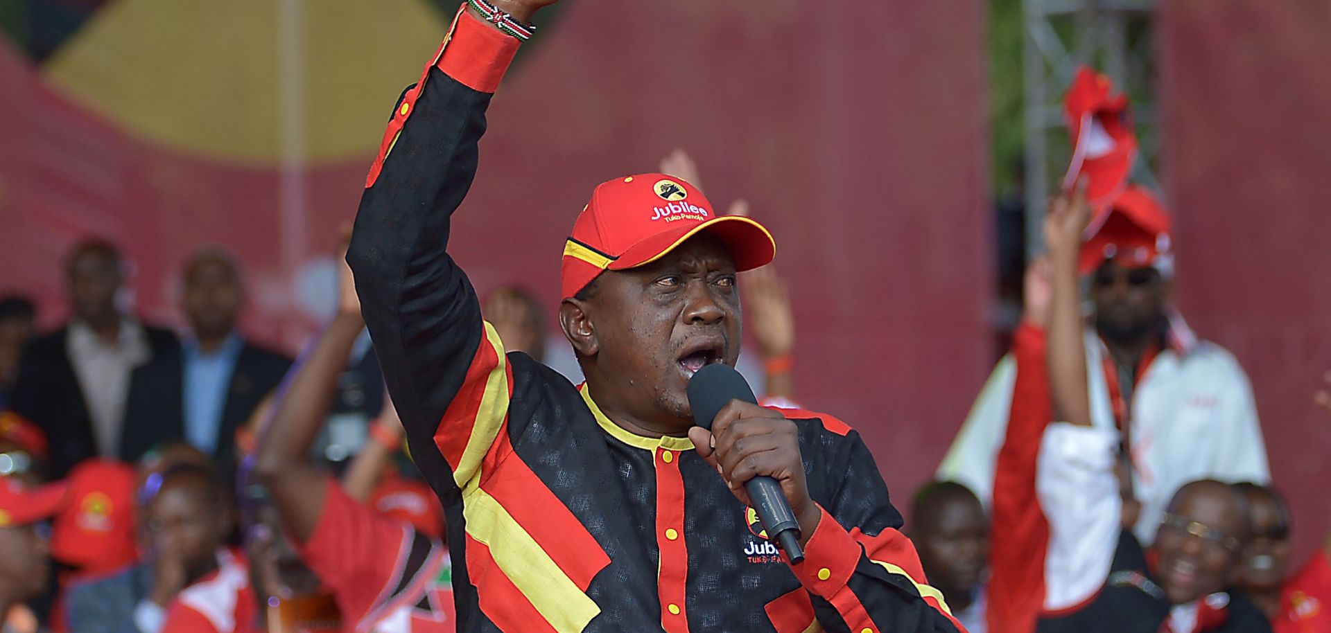 Kenyan President Uhuru Kenyatta addresses a crowd during a campaign rally for his Jubilee Party of Kenya in the capital of Nairobi. Kenya will hold its presidential election on Aug. 8.
