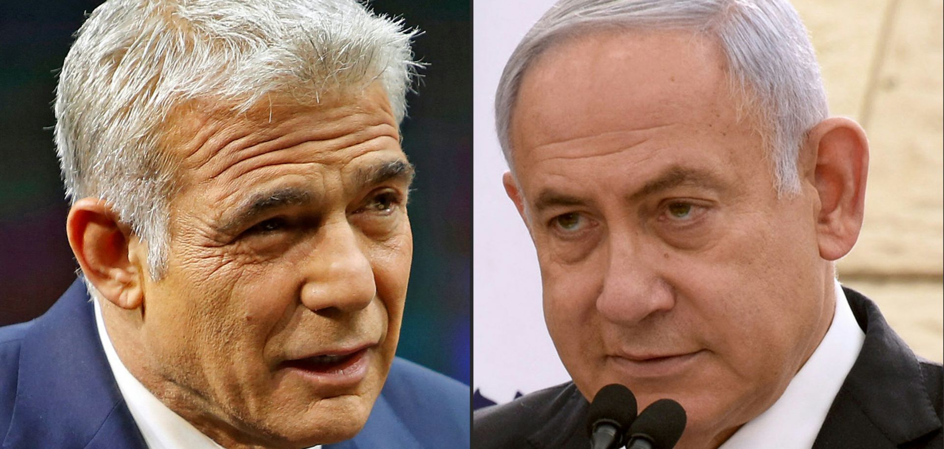 A photo combination shows the leader of Israel’s centrist Yesh Atid party, Yair Lapid (left), next to Israeli Prime Minister Benjamin Netanyahu of the Likud party.