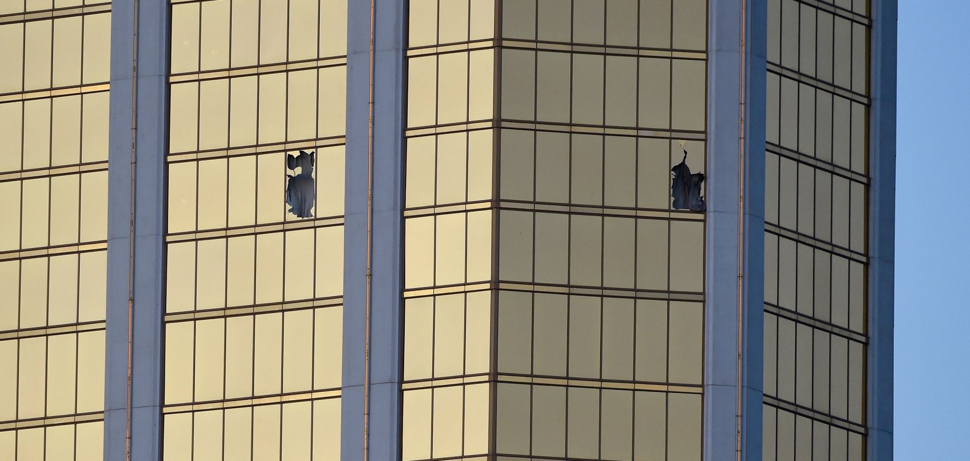 Broken windows at the Mandalay Bay Resort and Casino on Oct. 2, 2017, in Las Vegas, Nevada mark the gunman's perch. 