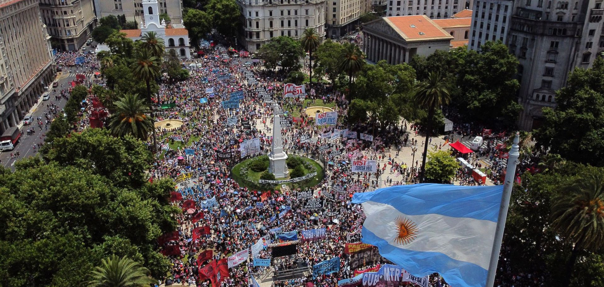 Aerial view of Plaza de Mayo square where social organizations members gather on December 20, 2021, during the 20th anniversary of the so-called "corralito"