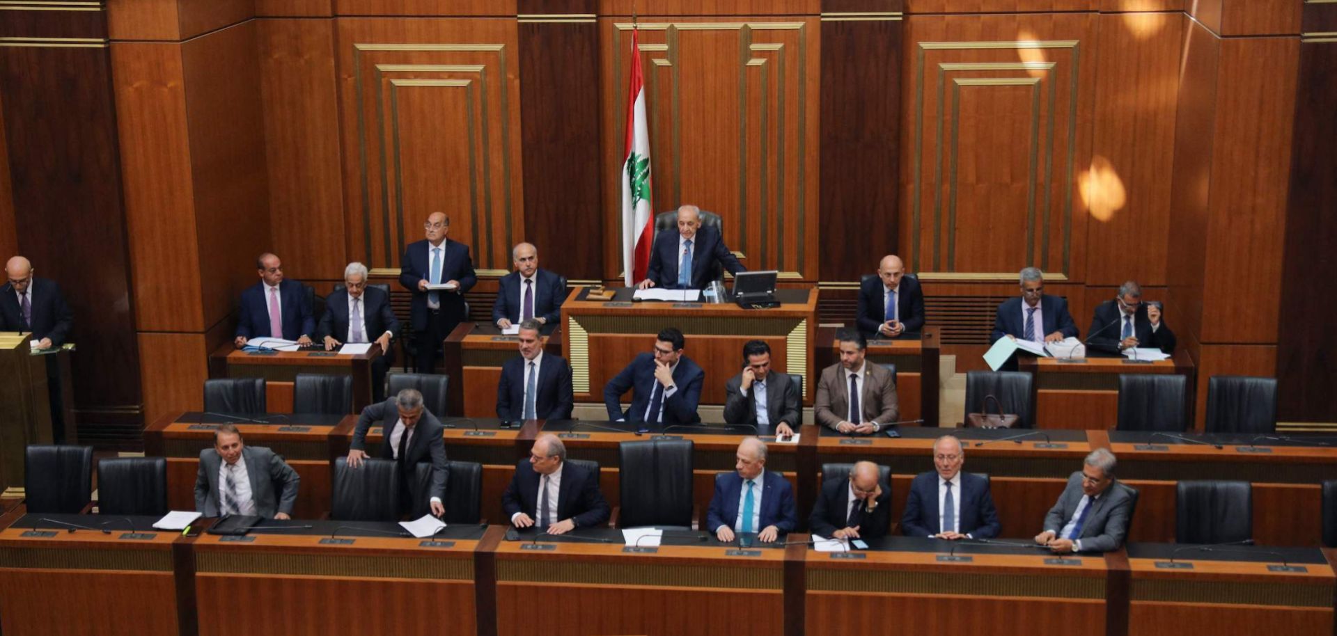 Lebanese parliament speaker Nabih Berri (top-C) opens the National Assembly's first of 12 failed sessions to elect a new president in Beirut on Sept. 29, 2022.