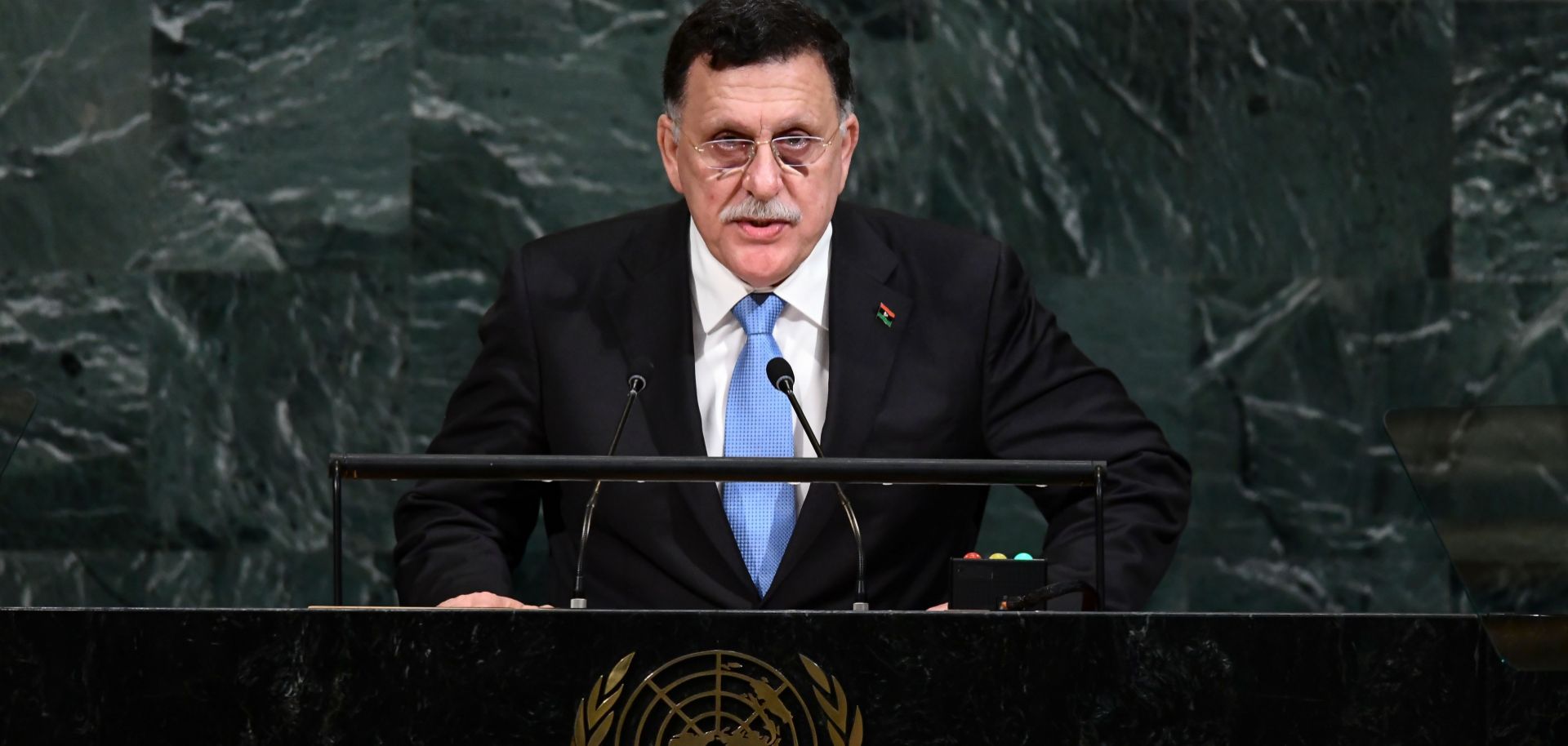 The head of Libya's internationally recognized Government of National Accord, Fayez al-Sarraj, addresses the 72nd Session of the U.N. General Assembly in New York on Sept. 20, 2017. 