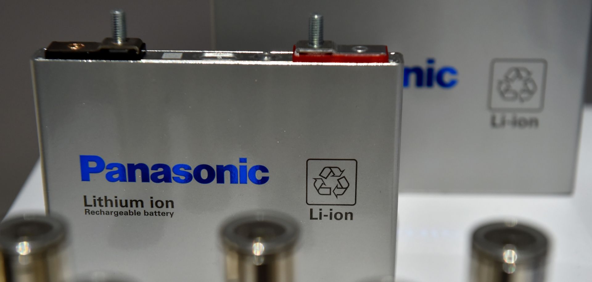 A lithium ion battery is on display at a technology trade show in the united states. 