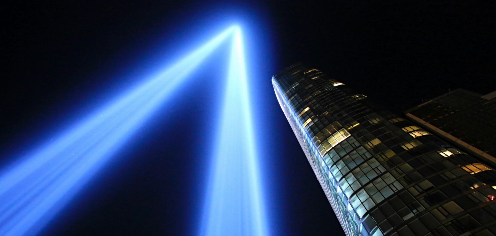 The "Tribute in Light," representing the twin towers of the World Trade Center, illuminates the New York skyline on the eve of the 16th anniversary of the Sept. 11, 2001, terrorist attacks.