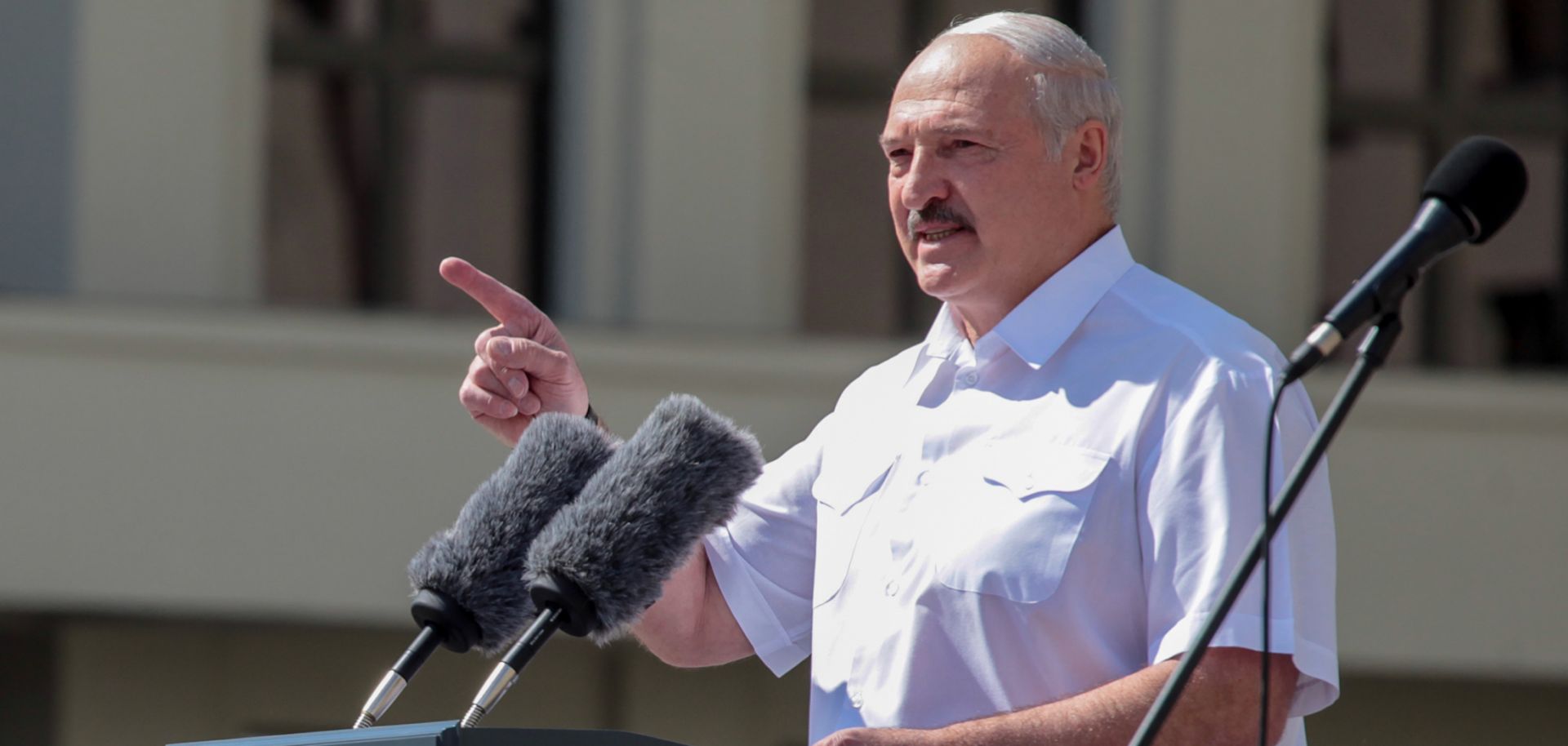 Belarussian President Aleksandr Lukashenko delivers a speech Aug. 16, 2020, during a rally held to support him in central Minsk, Belarus.
