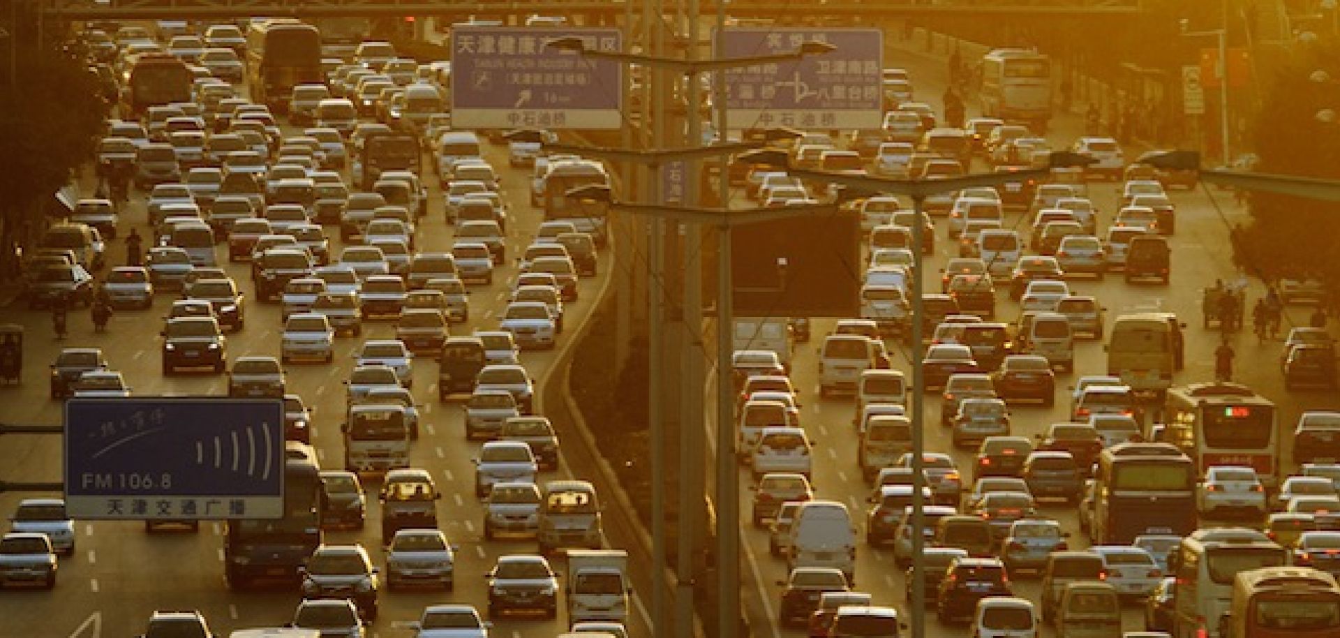 Rush-hour traffic congests the streets of Tianjin on Oct. 10.