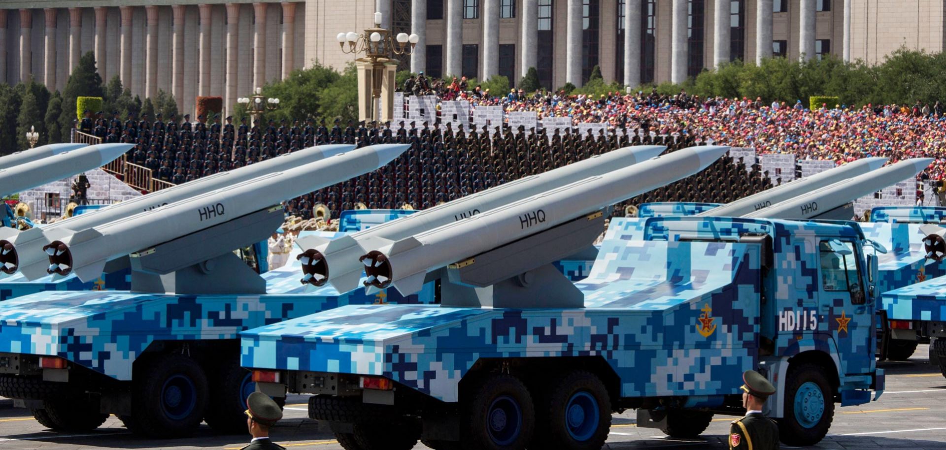 Chinese missiles loaded onto trucks in Tiananmen Square during a military parade Sept. 3 in Beijing.