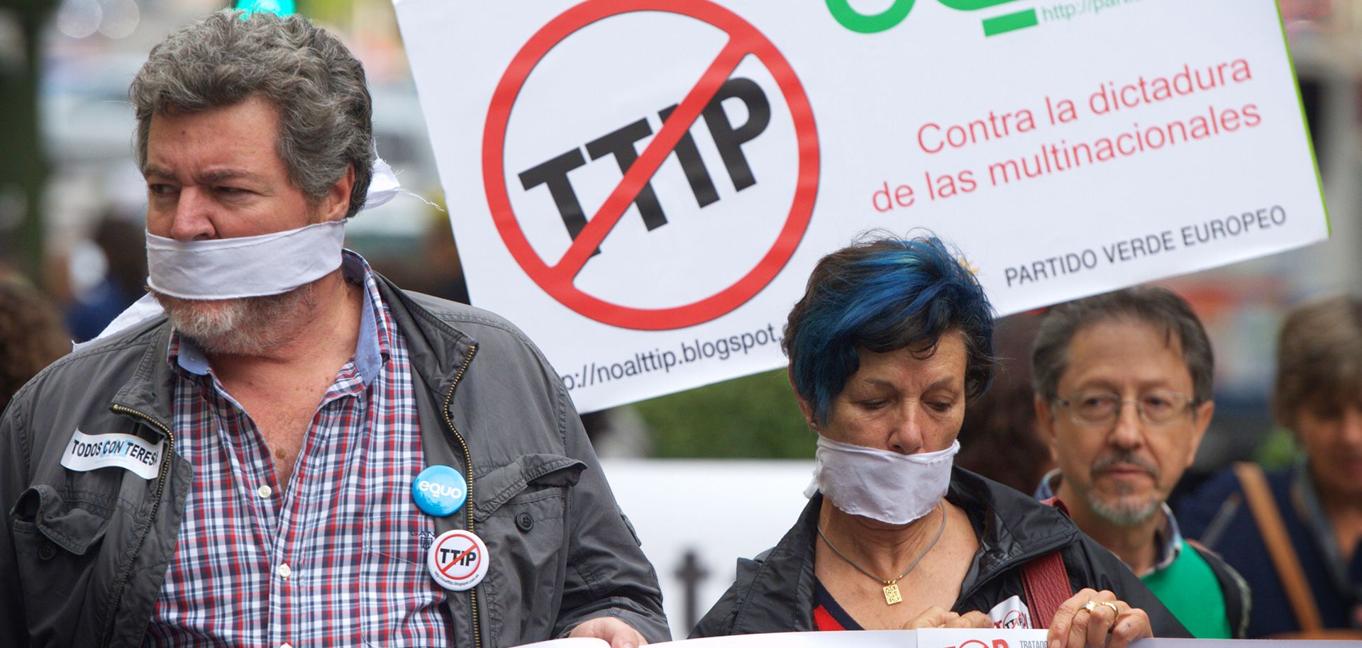 Protesters take part in a demonstration against the Trans-Atlantic Trade and Investment Partnership in Madrid on Oct. 11. 