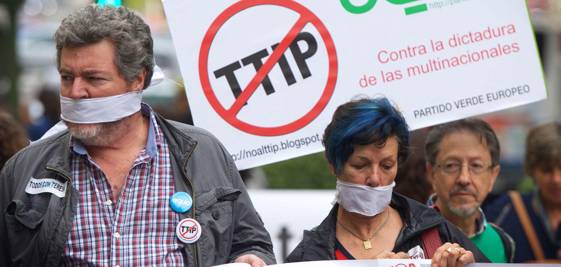 Protesters take part in a demonstration against the Trans-Atlantic Trade and Investment Partnership in Madrid on Oct. 11.