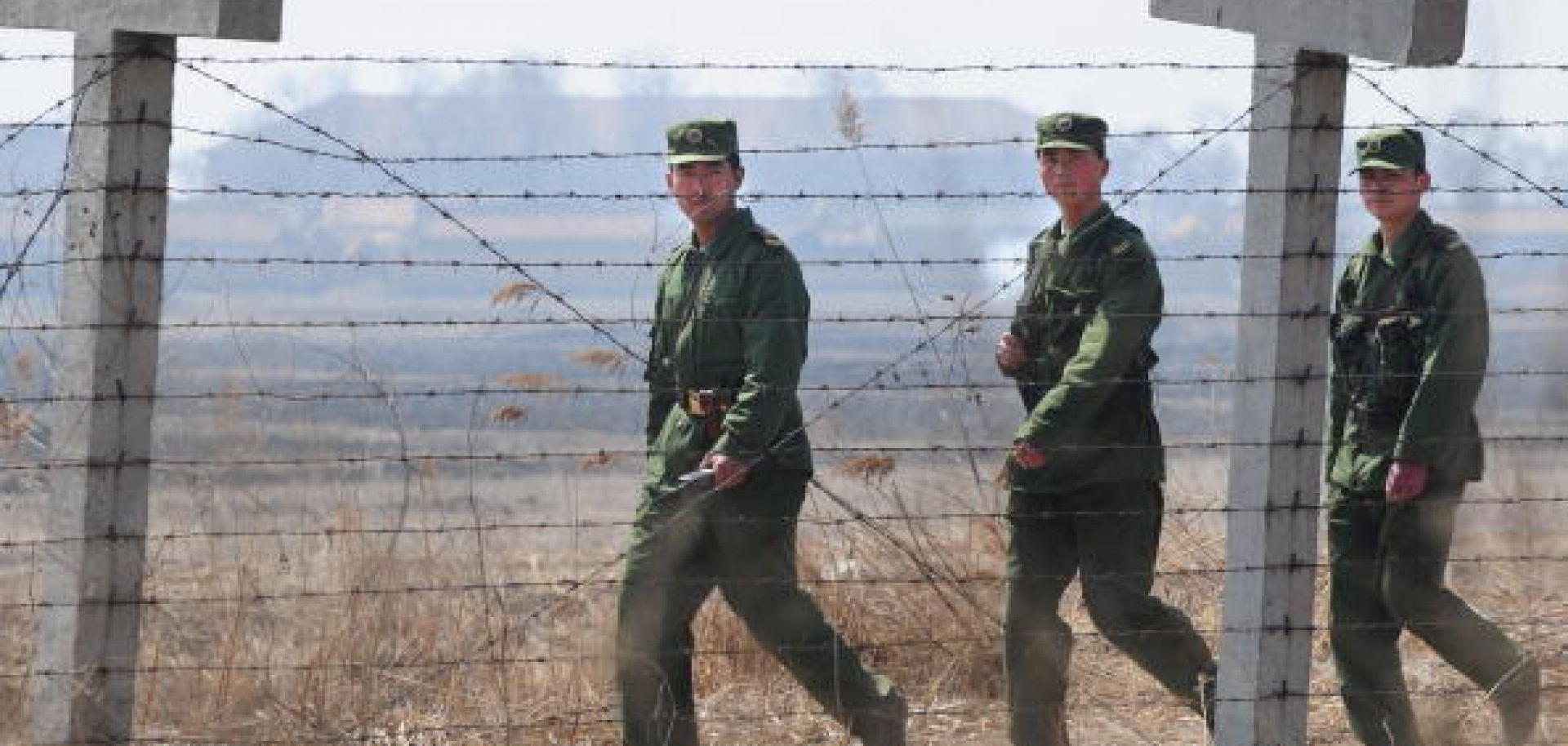 Chinese soldiers patrol the North Korea-China border on April 5, 2009